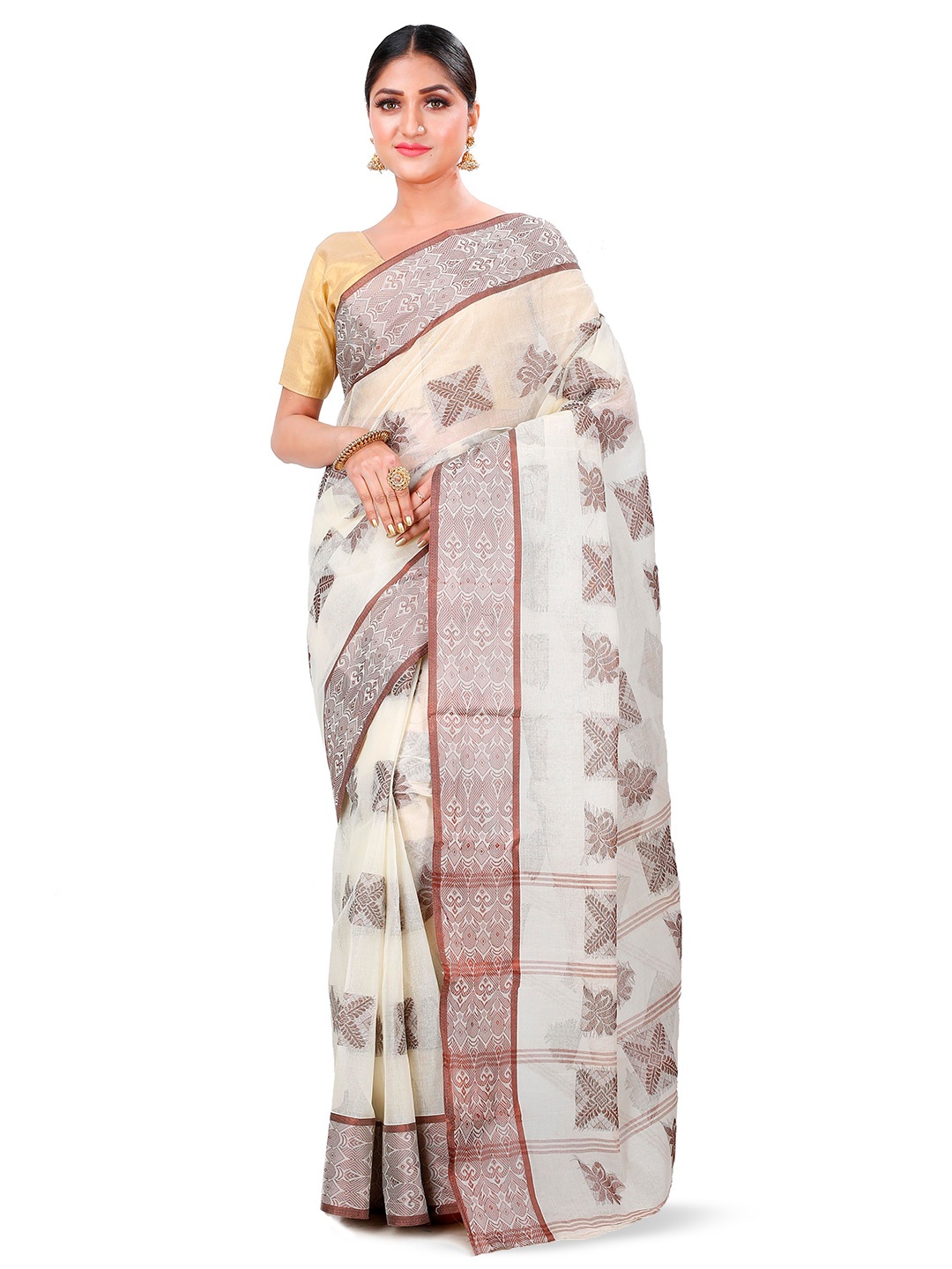 

PuJoy Ethnic Motifs Woven Design Zari Pure Cotton Taant Saree, Off white