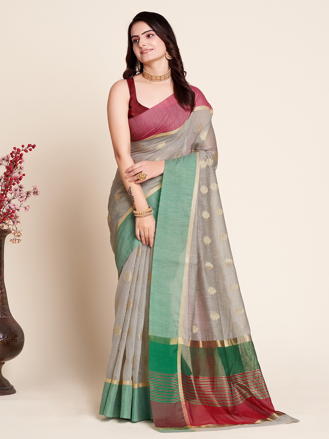 

Aldwych Ethnic Motifs Woven Design Banarasi Saree, Grey