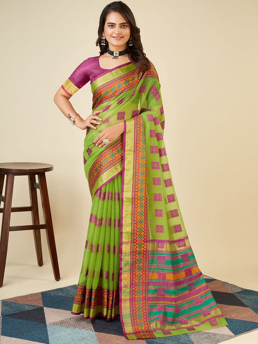 

Aldwych Ethnic Motifs Woven Design Chanderi Saree, Green