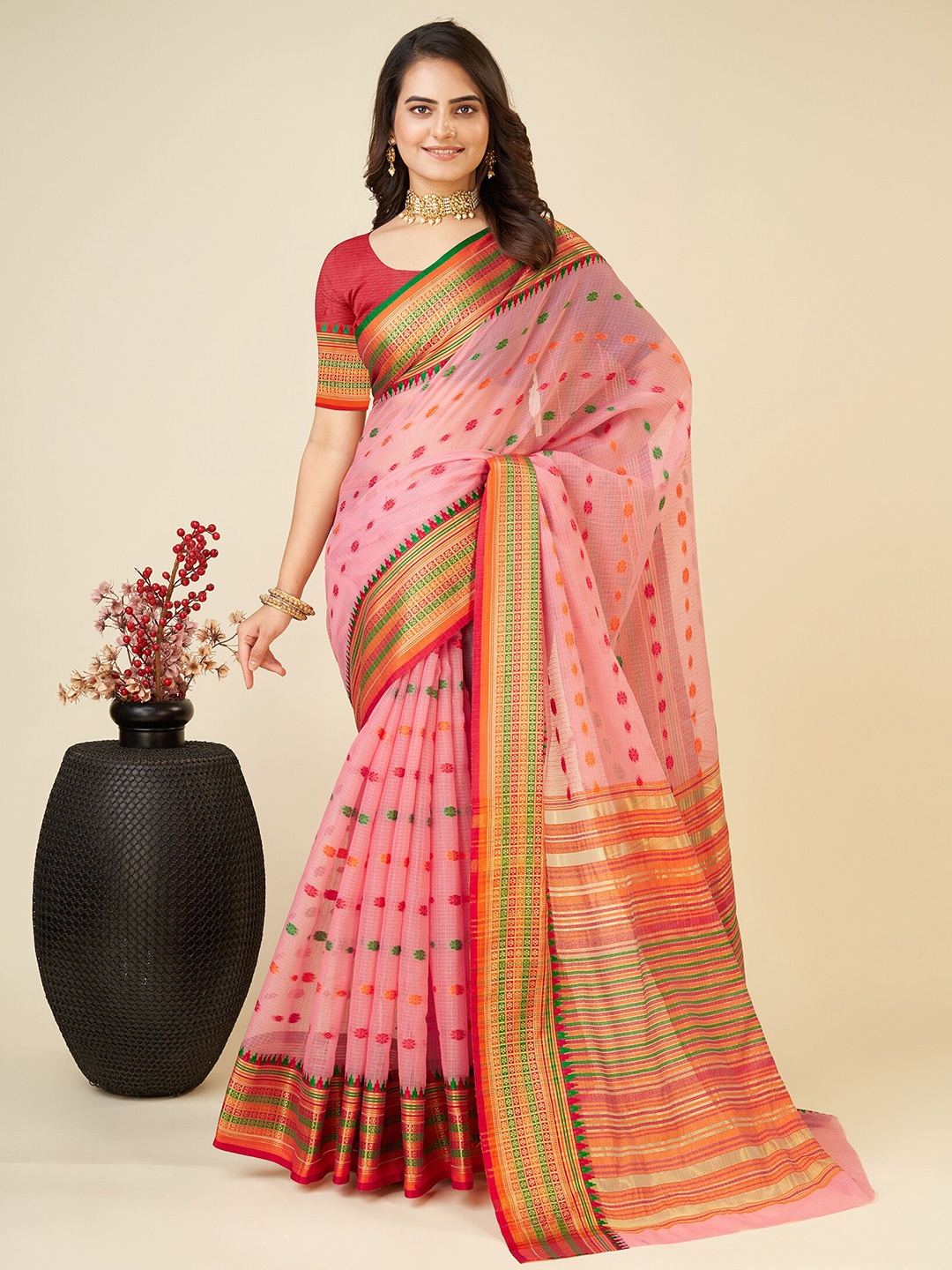 

Aldwych Ethnic Motifs Woven Design Chanderi Saree, Pink