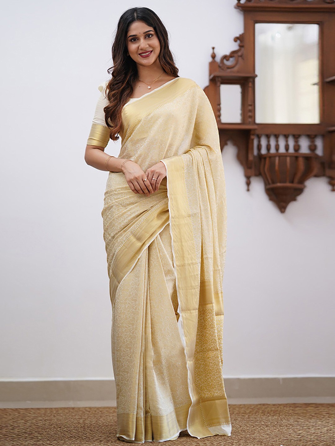 

Anjaneya Sarees Ethnic Motifs Woven Design Zari Banarasi Saree, Beige