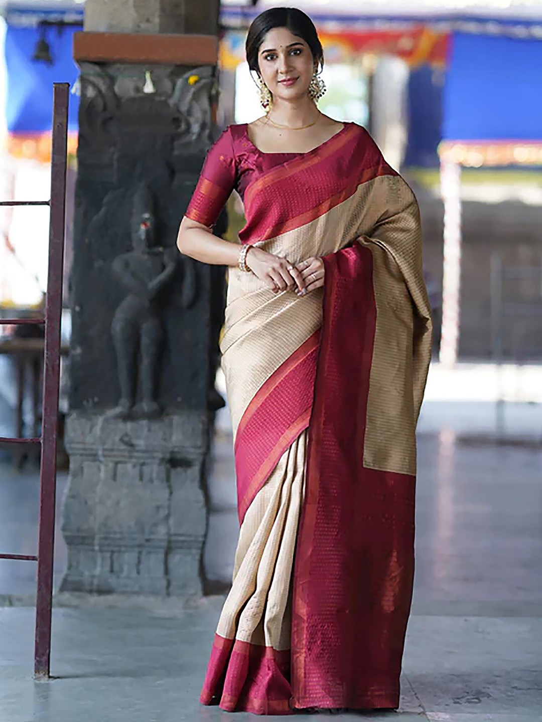 

Anjaneya Sarees Striped Zari Banarasi Saree, Beige