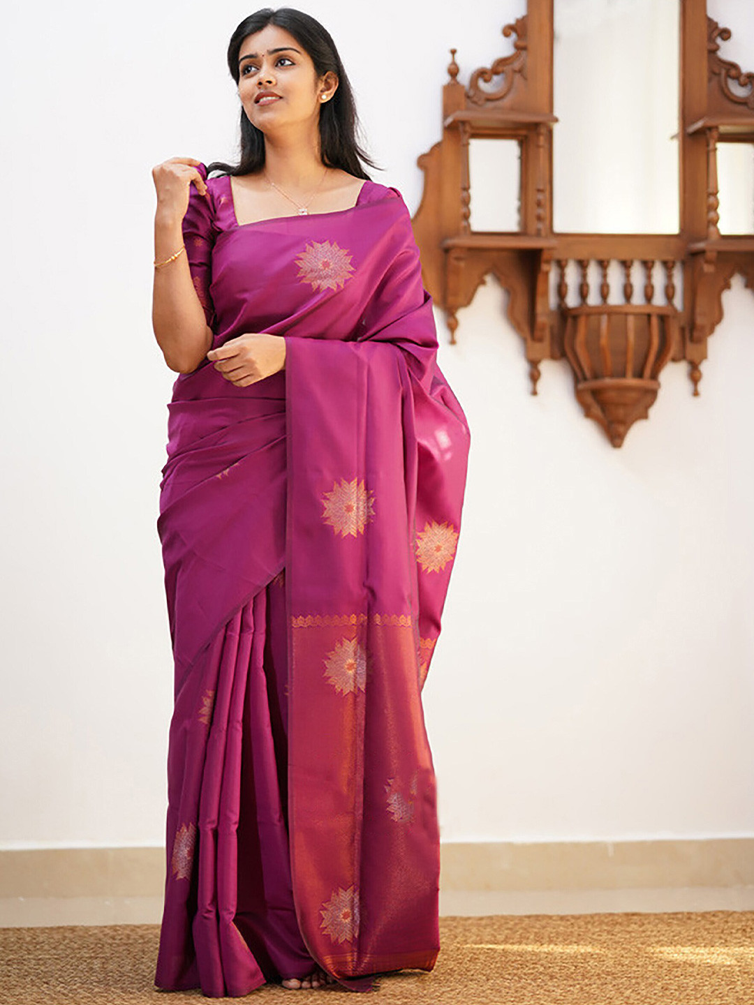 

Anjaneya Sarees Ethnic Motifs Woven Design Zari Banarasi Saree, Pink