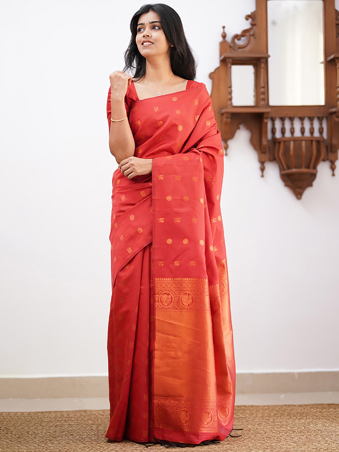 

Anjaneya Sarees Ethnic Motifs Woven Design Zari Banarasi Saree, Orange
