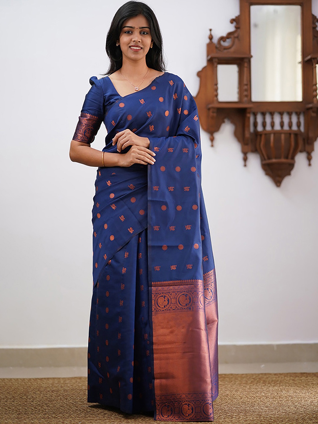 

Anjaneya Sarees Ethnic Motifs Woven Design Zari Banarasi Saree, Blue