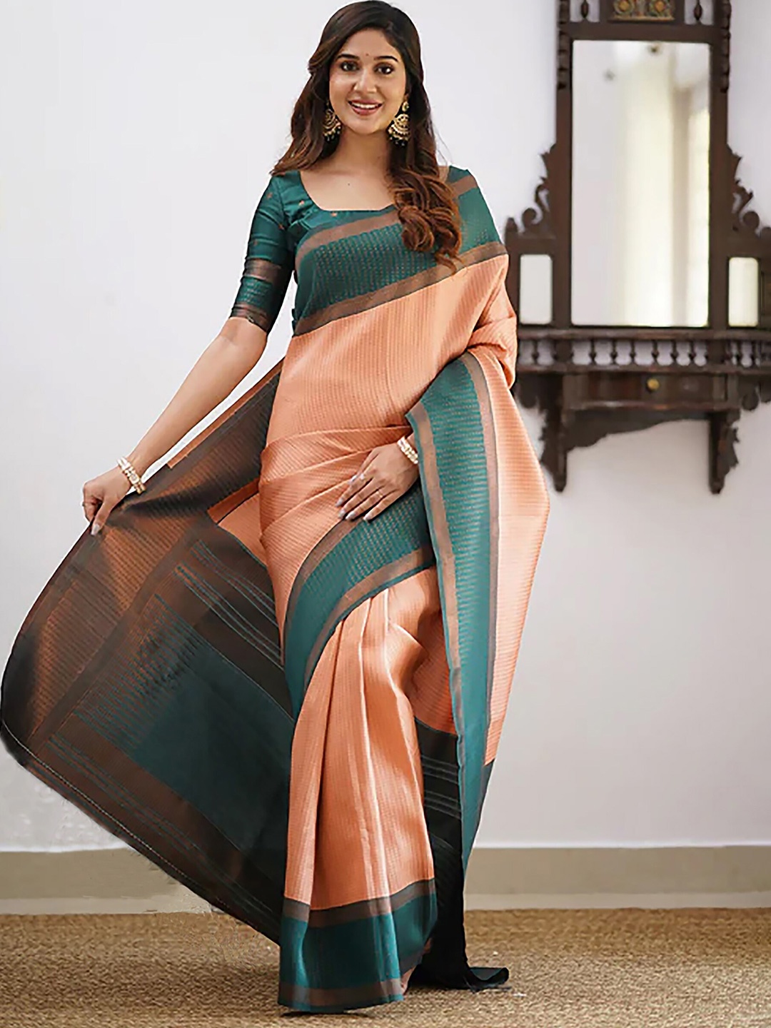 

Anjaneya Sarees Ethnic Motifs Woven Design Zari Banarasi Saree, Orange