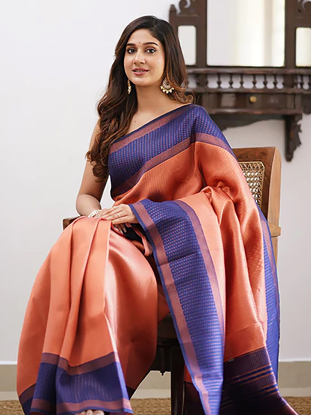 

Anjaneya Sarees Ethnic Motifs Woven Design Zari Banarasi Saree, Peach