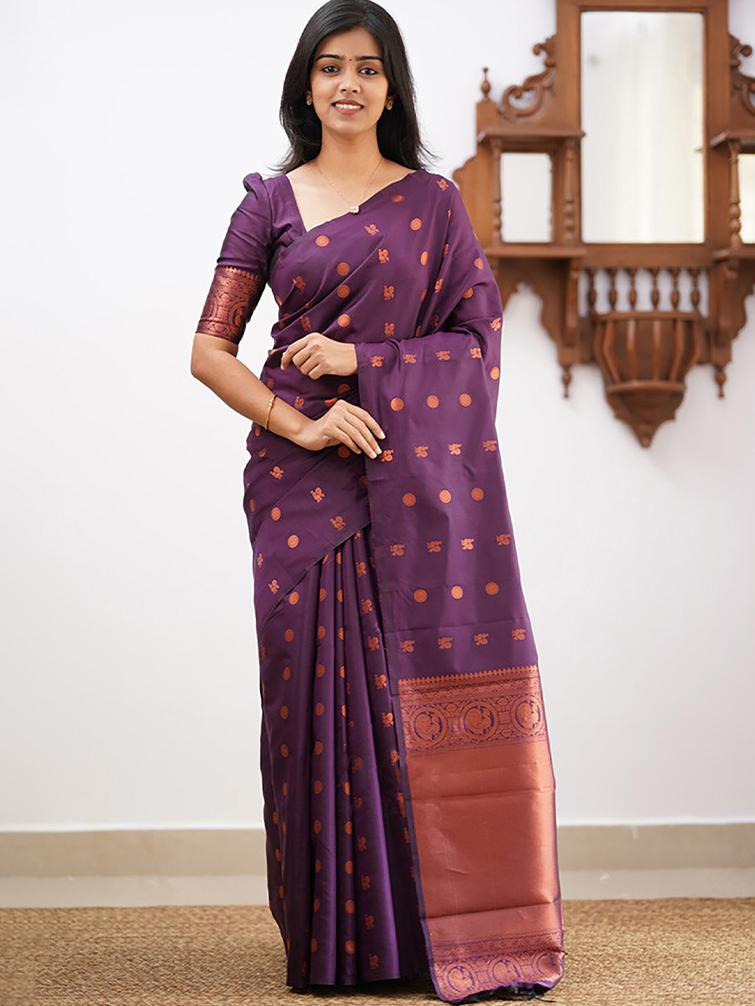 

Anjaneya Sarees Ethnic Motifs Woven Design Zari Banarasi Saree, Purple