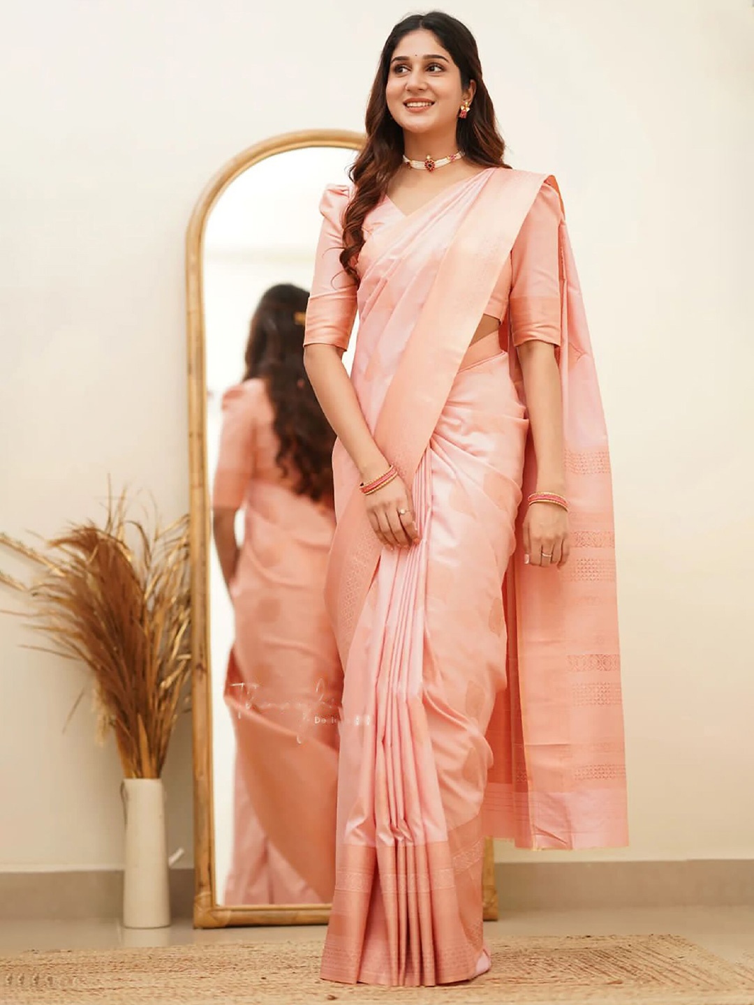 

Anjaneya Sarees Ethnic Motifs Woven Design Zari Banarasi Saree, Peach