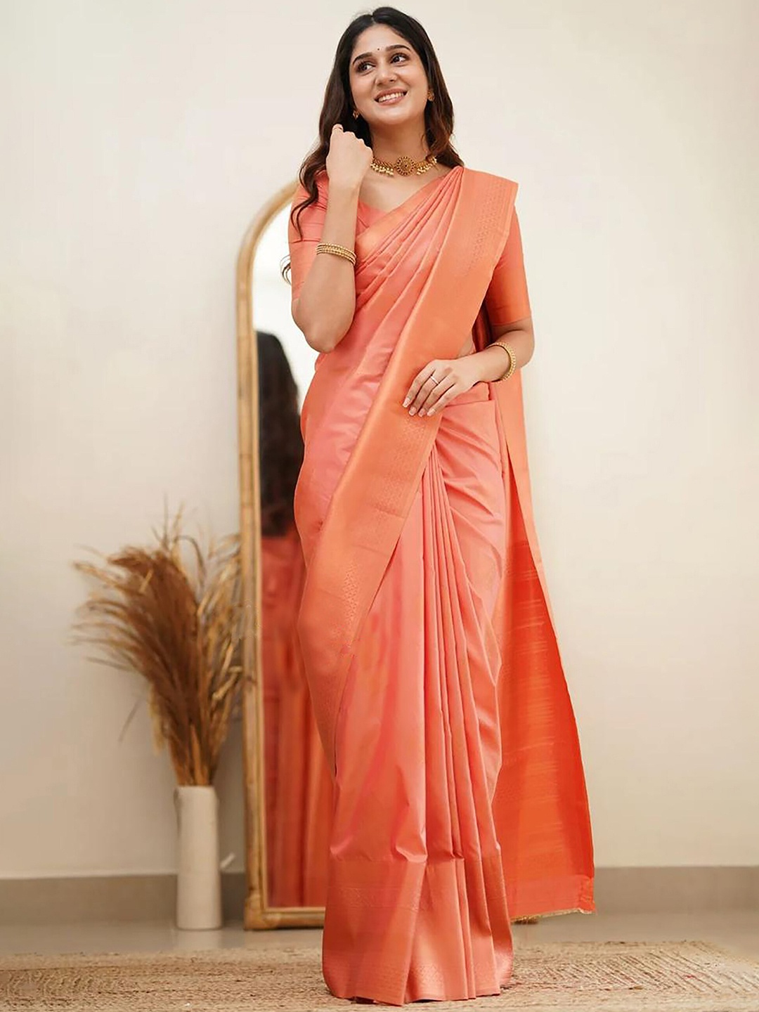 

Anjaneya Sarees Zari Banarasi Saree, Orange
