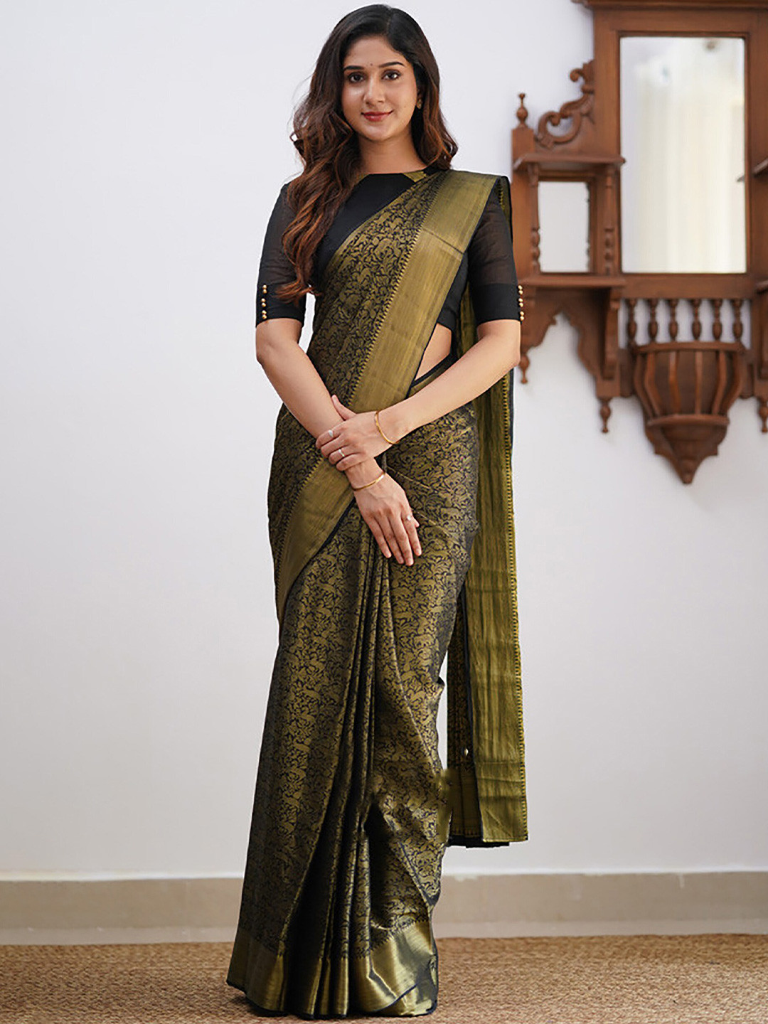 

Anjaneya Sarees Ethnic Motifs Woven Design Zari Banarasi Saree, Black