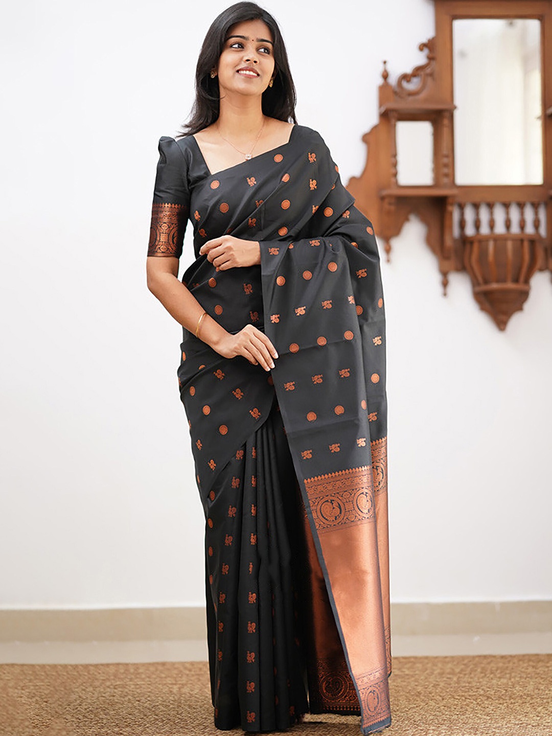

Anjaneya Sarees Ethnic Motifs Woven Design Zari Banarasi Saree, Black