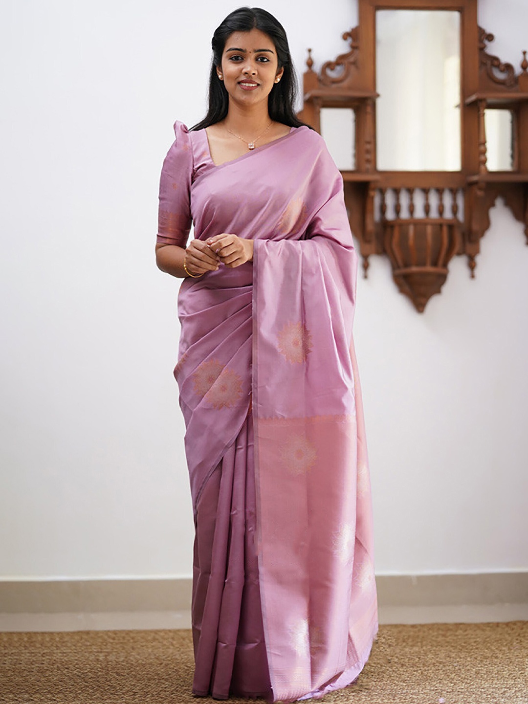 

Anjaneya Sarees Ethnic Motifs Woven Design Zari Banarasi Saree, Pink