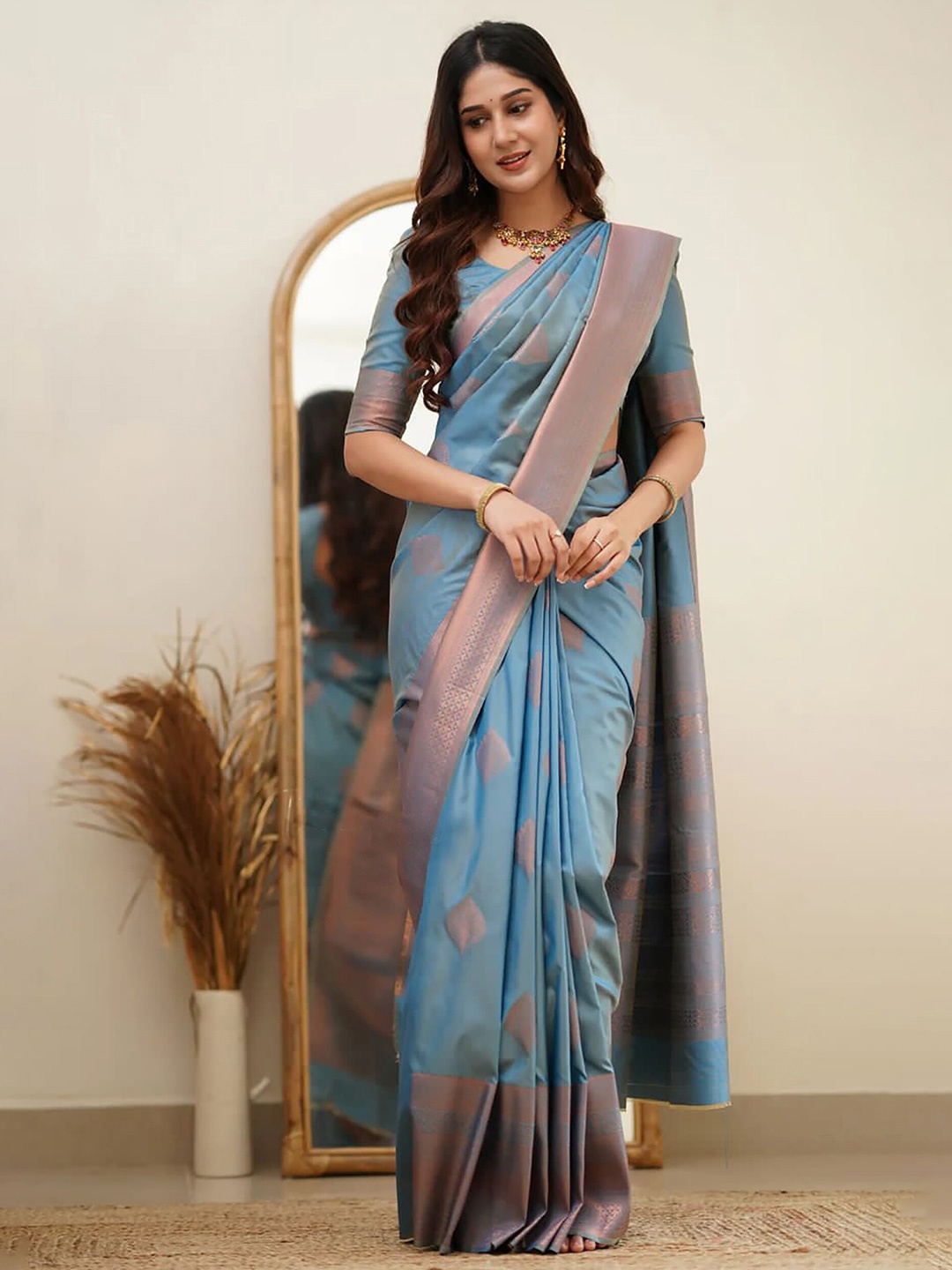 

Anjaneya Sarees Ethnic Motifs Woven Design Zari Banarasi Saree, Blue