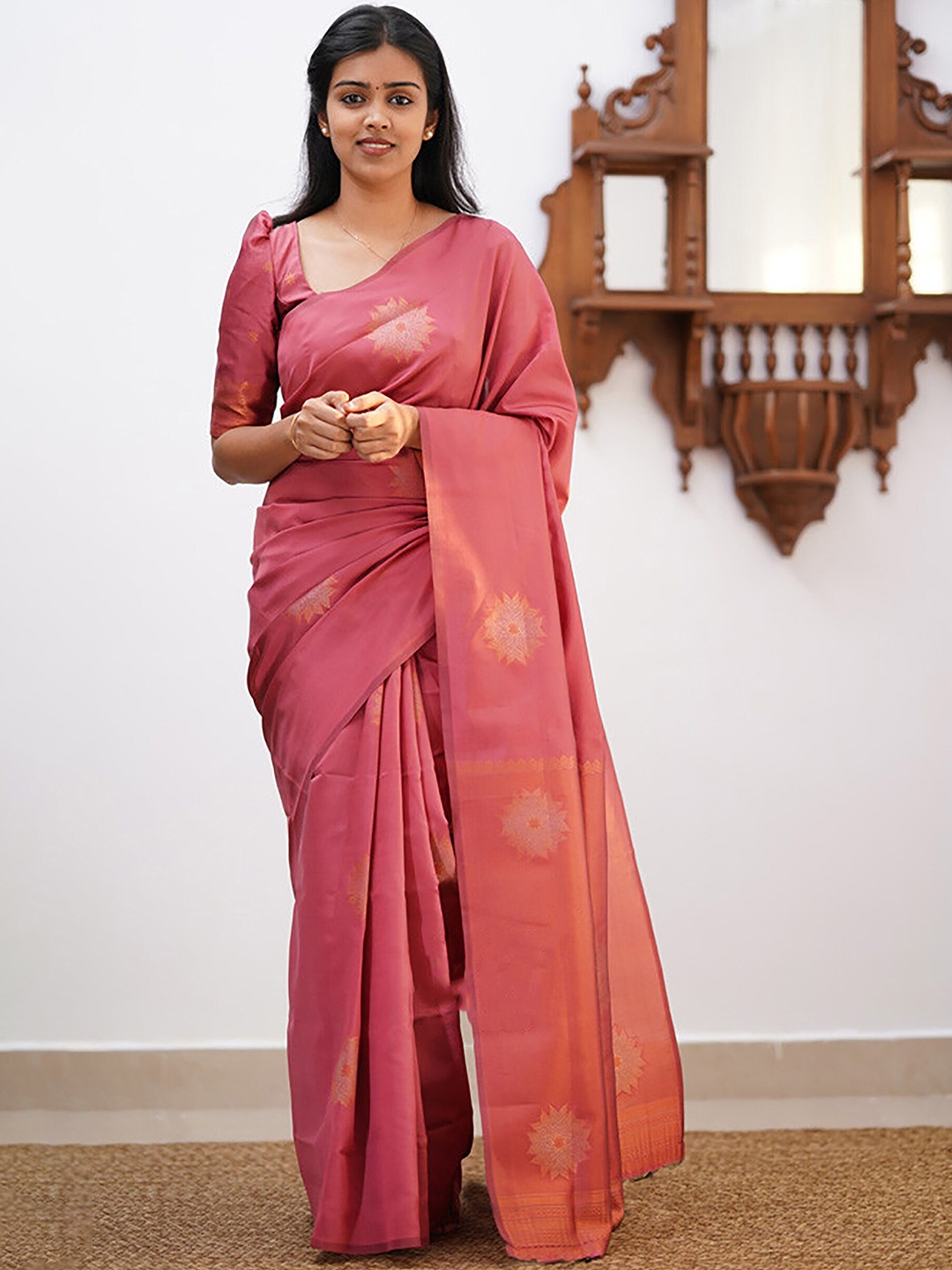 

Anjaneya Sarees Ethnic Motifs Woven Design Zari Banarasi Saree, Peach