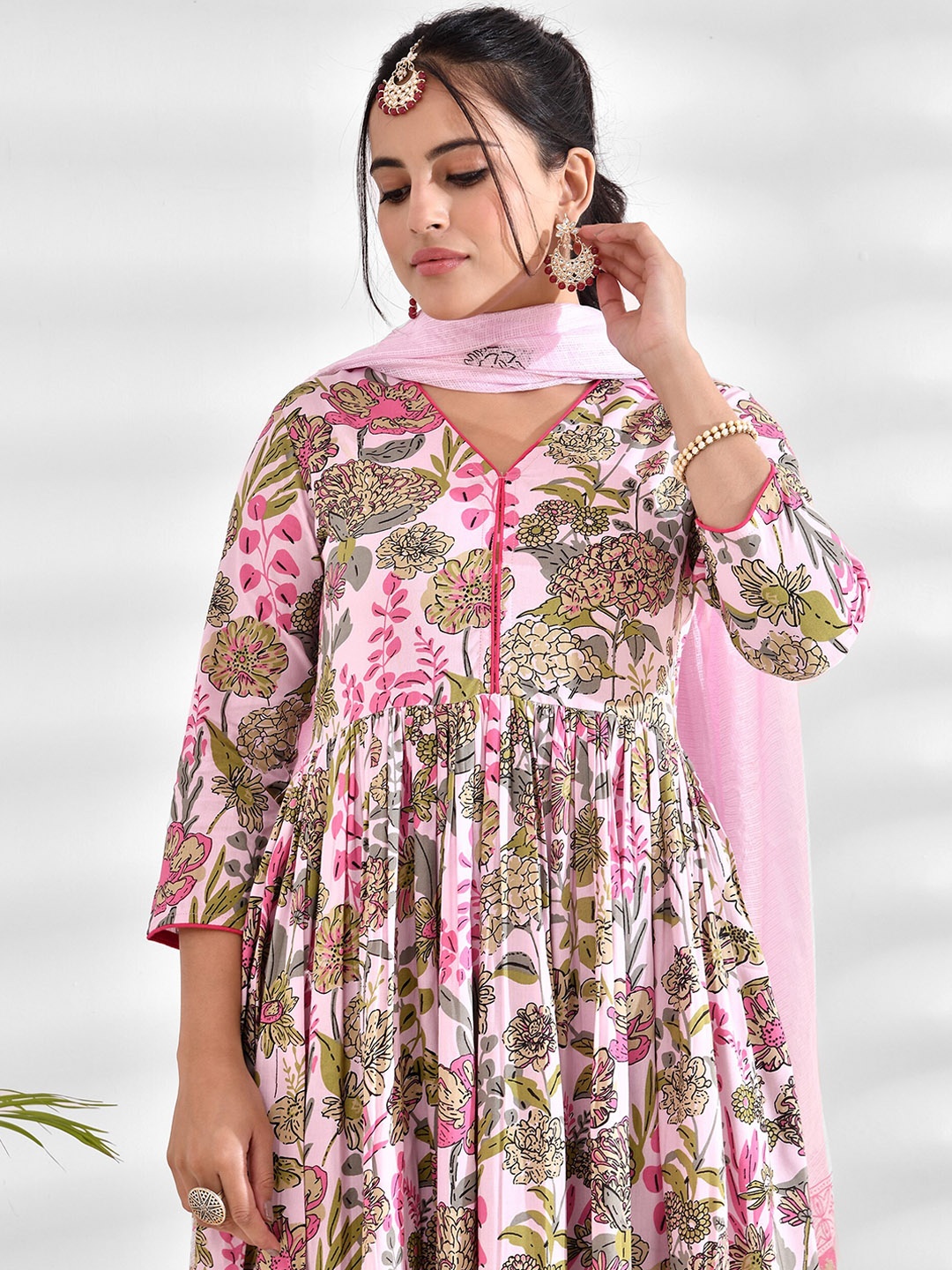 

mokshi Floral Printed V-Neck Anarkali Kurta With Palazzos & Dupatta, Pink