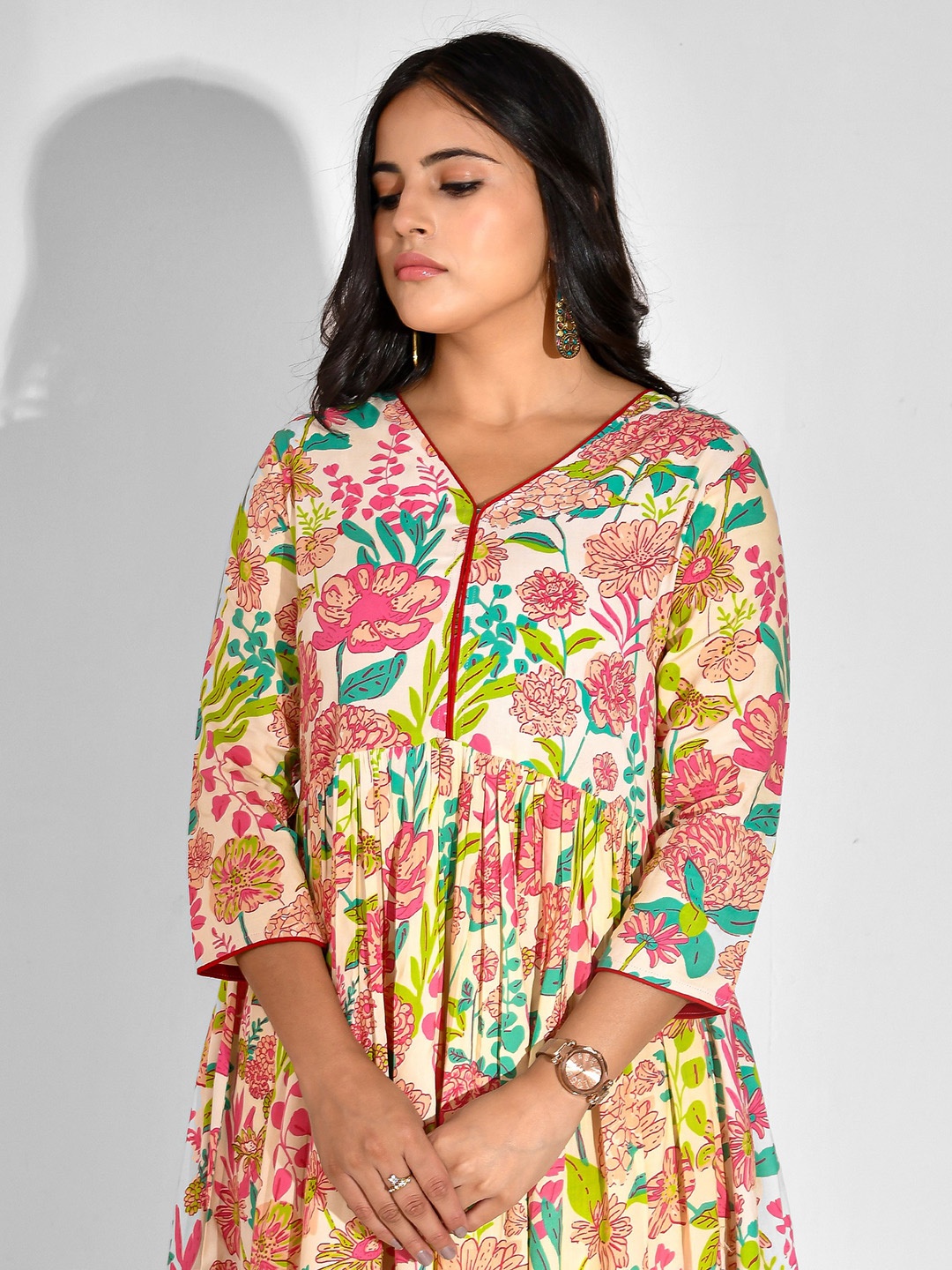 

mokshi Floral Printed V-Neck Anarkali Kurta With Palazzos & Dupatta, Beige