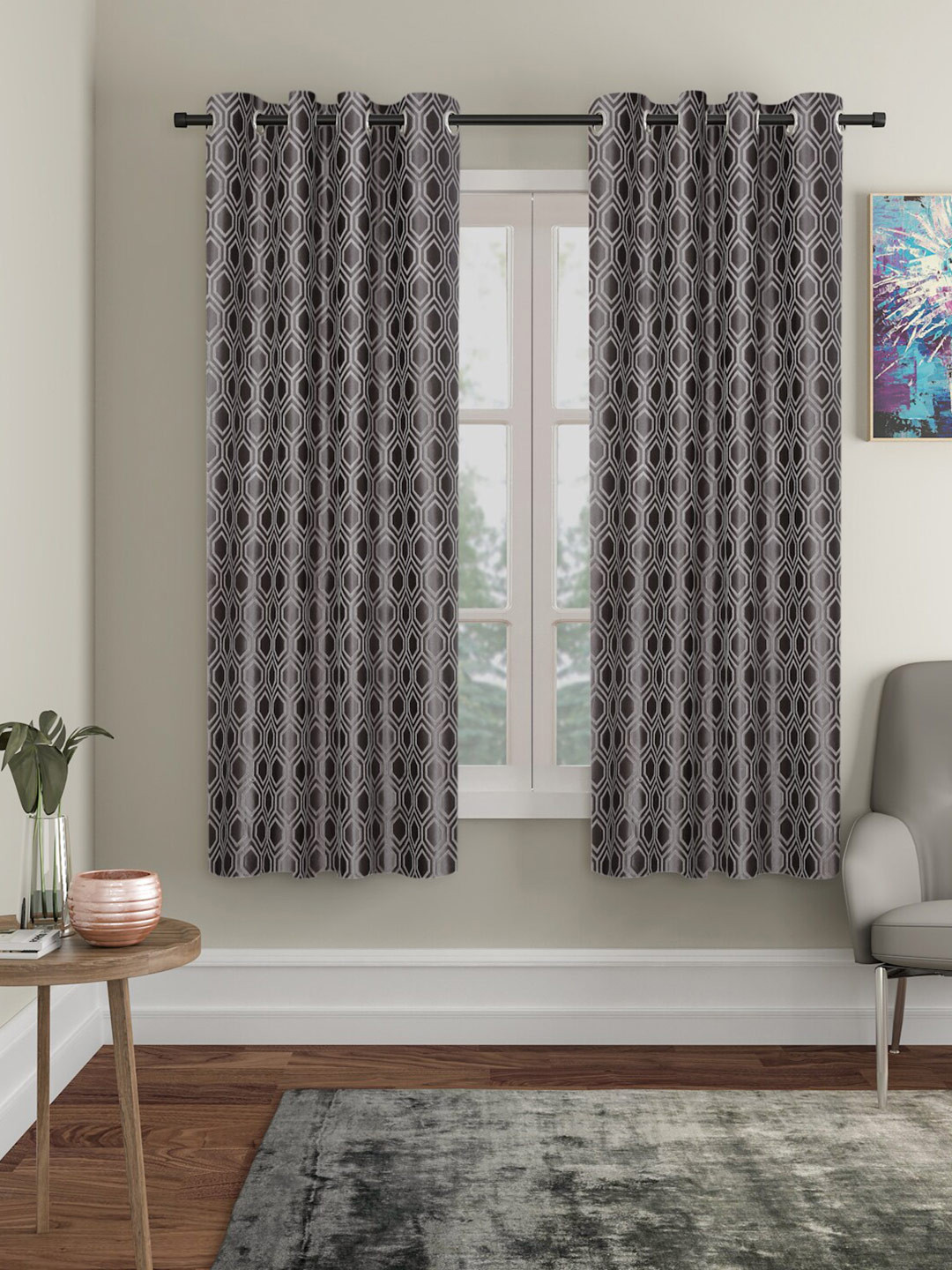 

SOKNACK Grey & Brown 2 Pieces Geometric Black Out Window Curtains