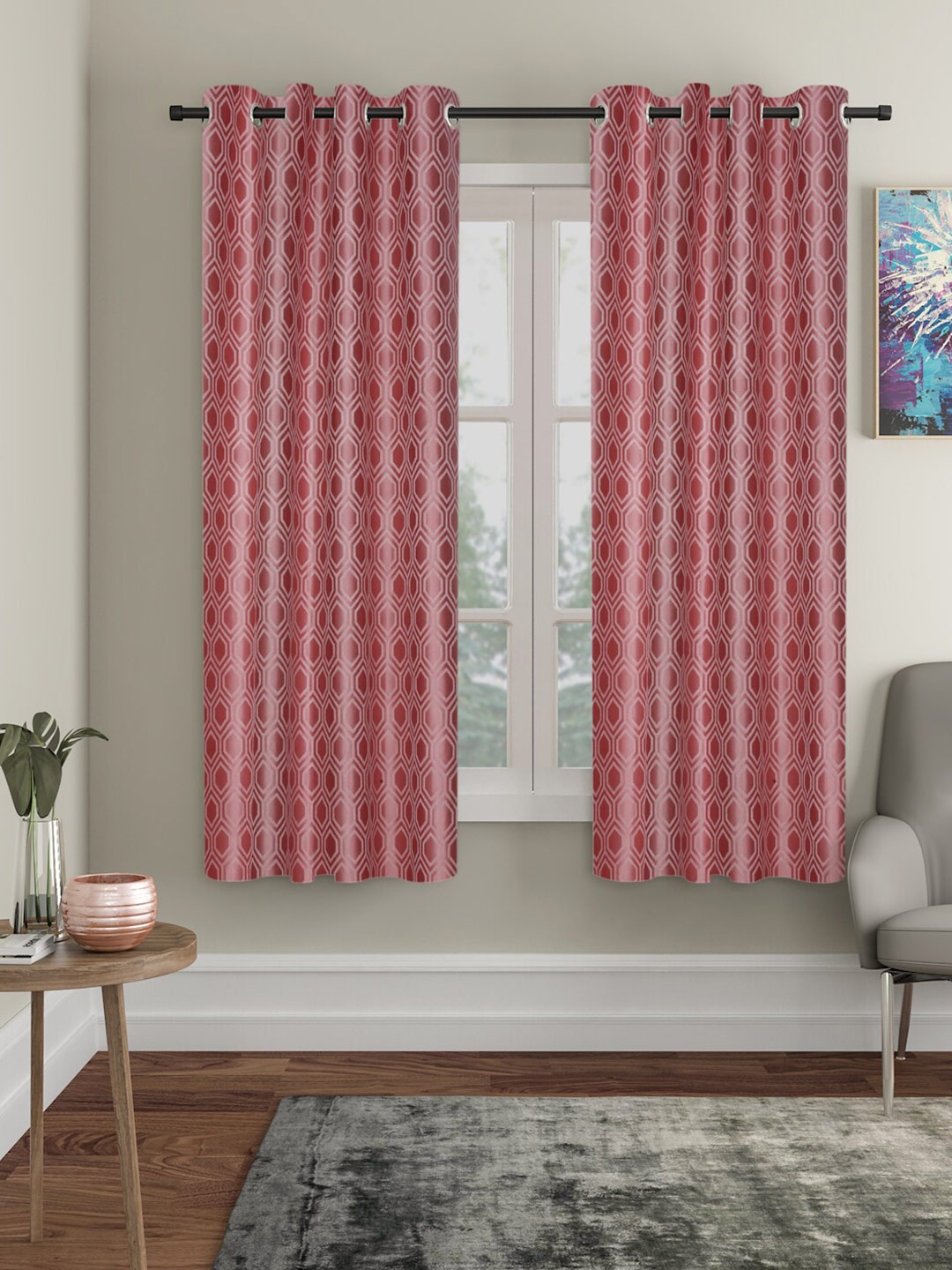 

SOKNACK Peach Geometric Printed Black Out Door Curtain