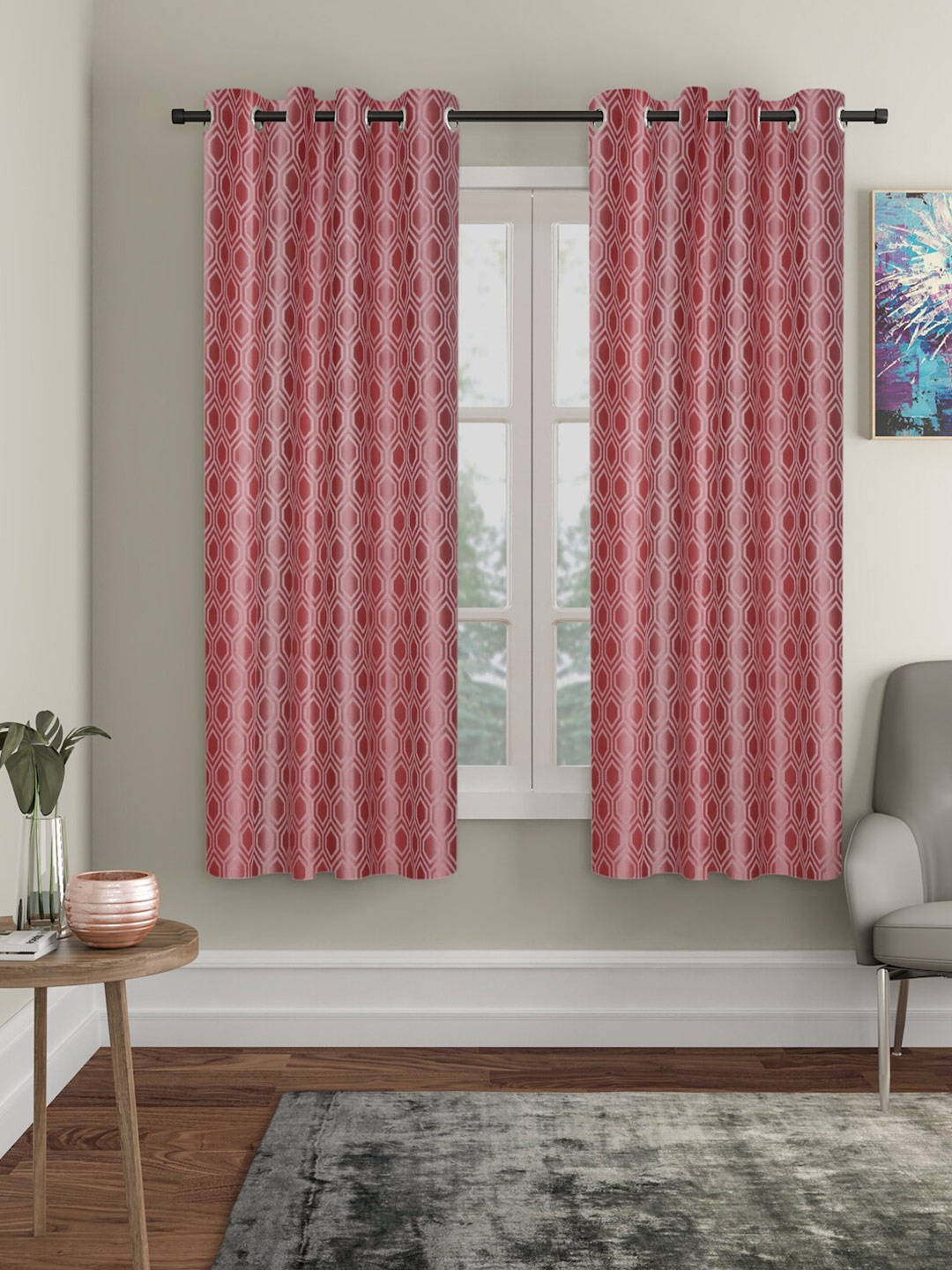 

SOKNACK Peach & Pink 2 Pieces Geometric Black Out Door Curtains