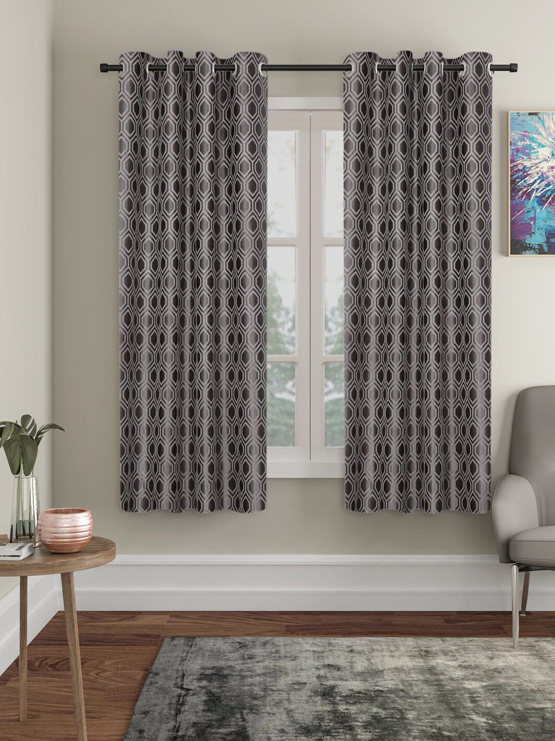 

SOKNACK Black & Grey Geometric Black Out Window Curtain