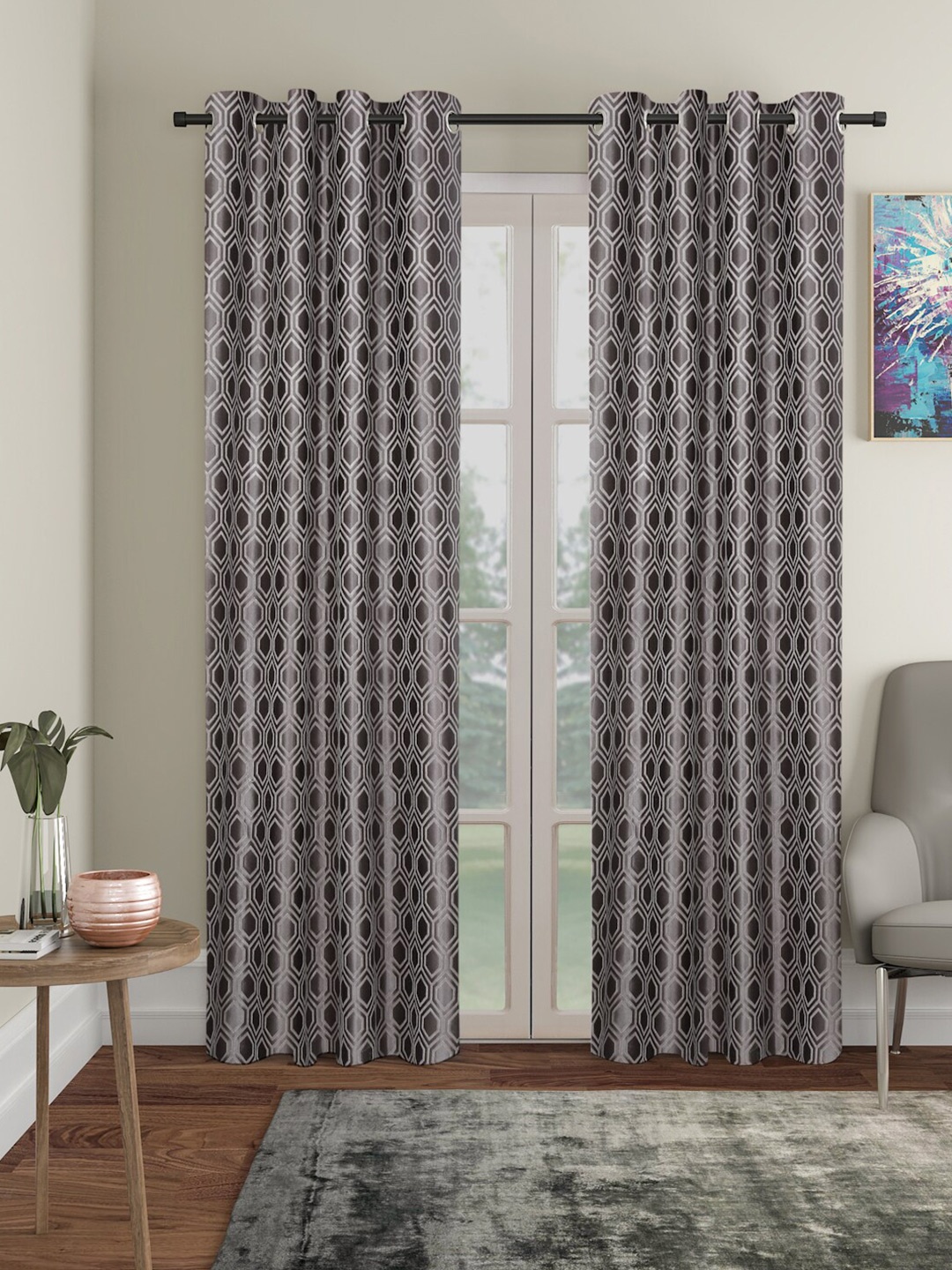 

SOKNACK Grey & Brown Geometric Black Out Long Door Curtains