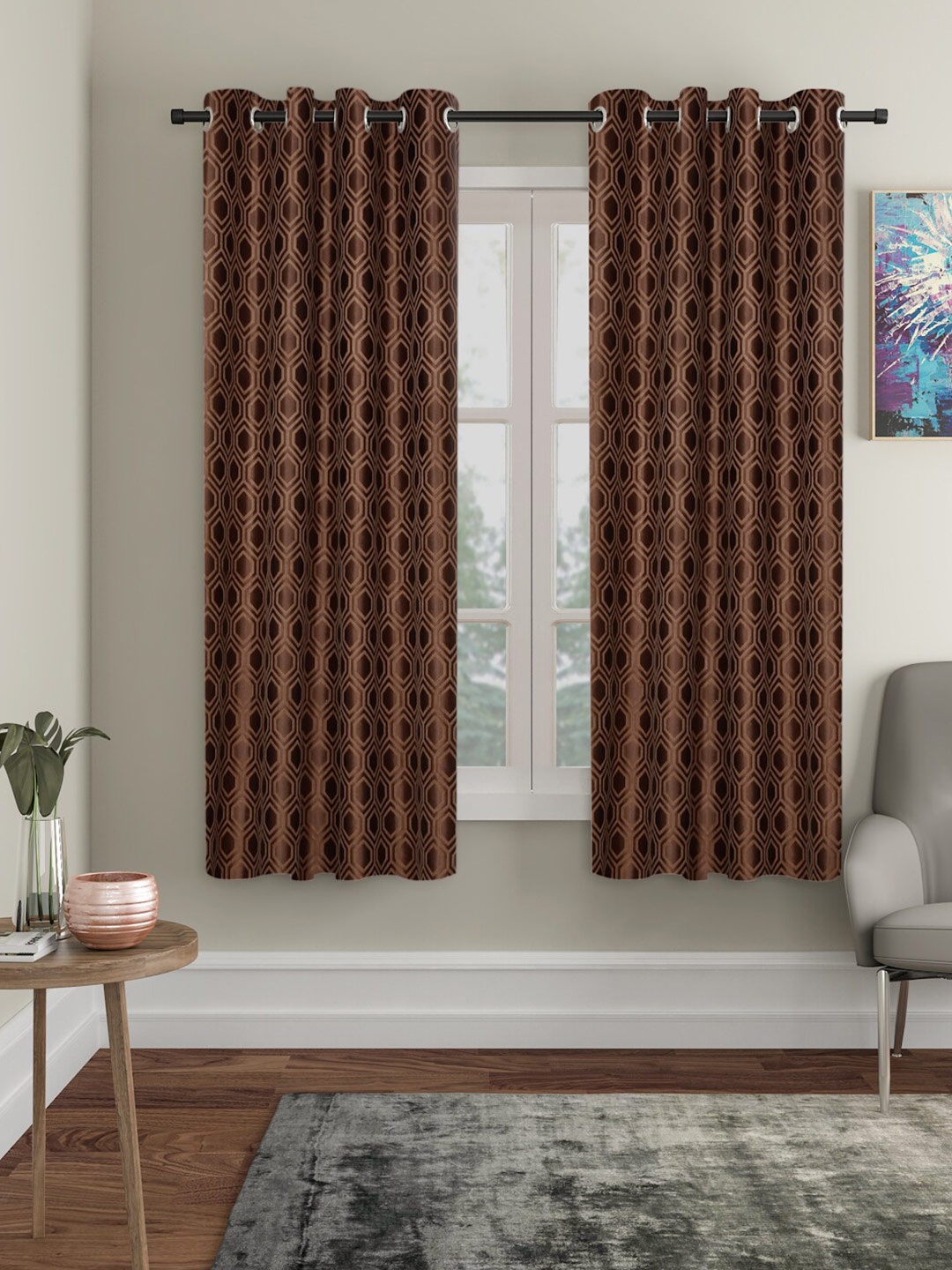 

SOKNACK Brown 2 Pcs Geometric Black Out Door Curtain