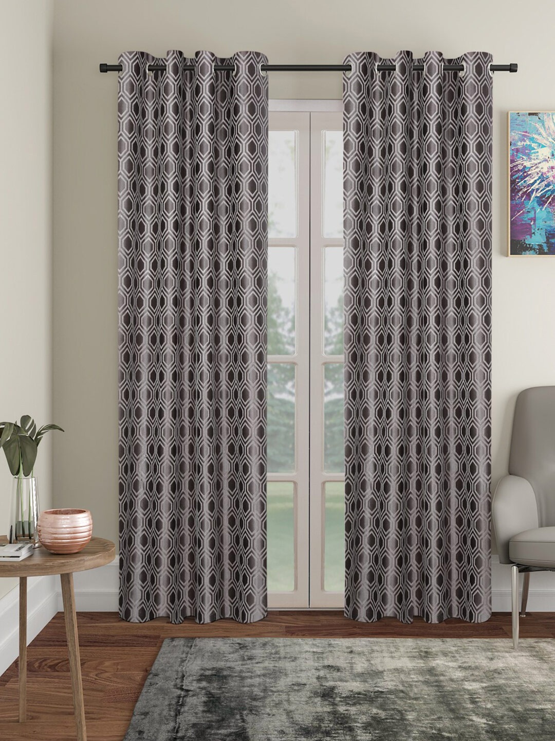 

SOKNACK Grey & Brown 2 Pieces Geometric Black Out Long Door Curtains