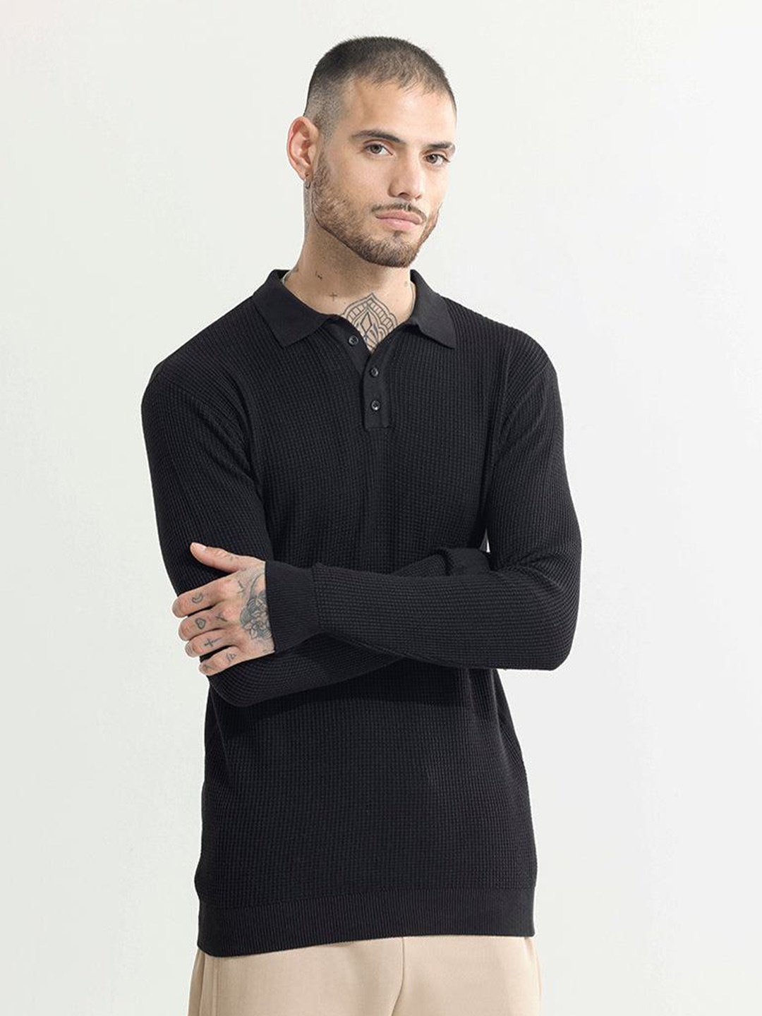 

Snitch Black Self Design Polo Collar Slim Fit Cotton T-shirt