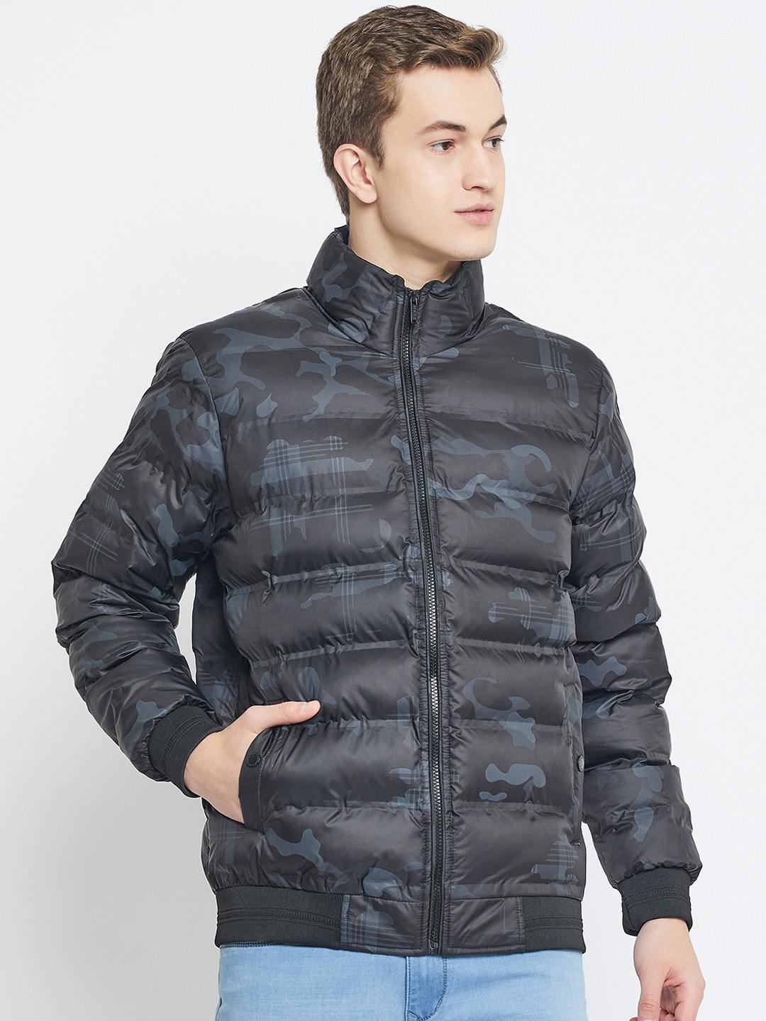 

Okane Lightweight Camouflage Printed Mock Collar Padded Jacket, Black