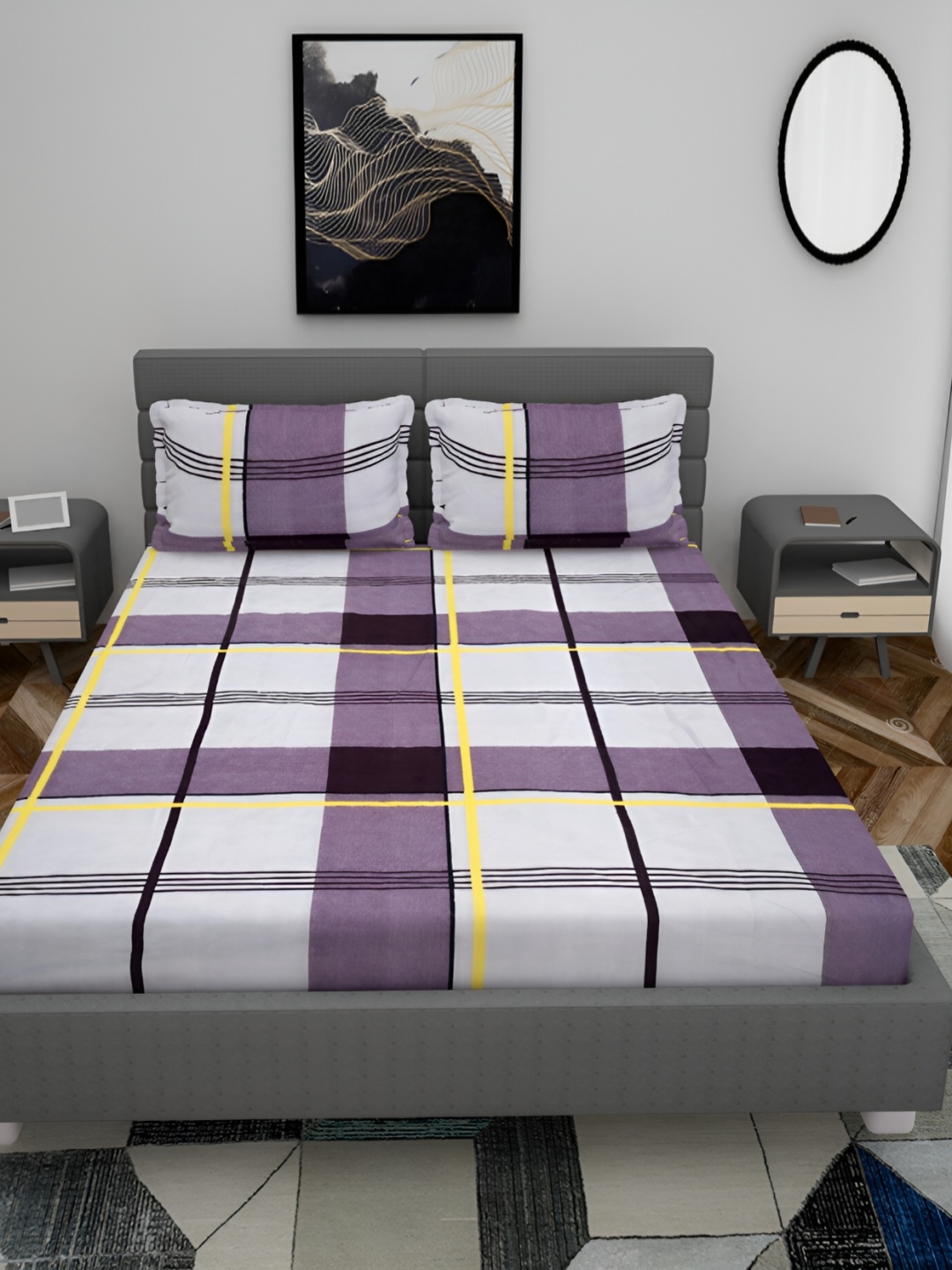 

HOMECRUST White Geometric 210 TC Queen Fitted Bedsheet with 2 Pillow Covers