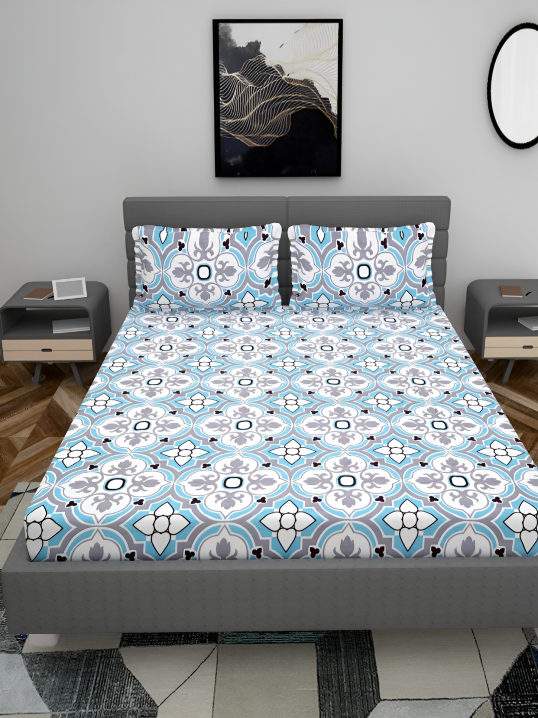 

HOMECRUST Blue Geometric 210 TC Queen Bedsheet with 2 Pillow Covers