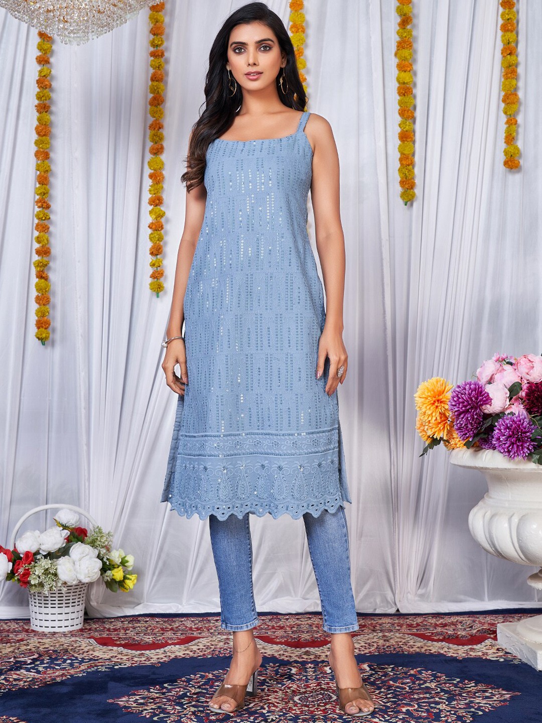 

KALINI Embellished Chikankari Square Neck Straight Kurta, Grey