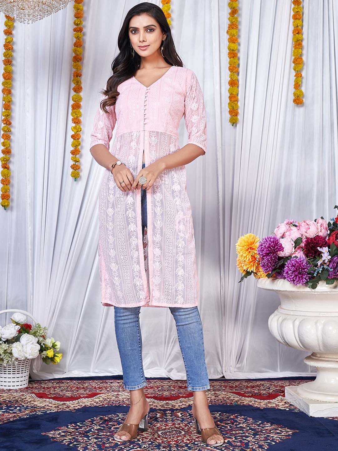 

KALINI Embroidered Chikankari V-Neck Front Slit Straight Kurta, Pink