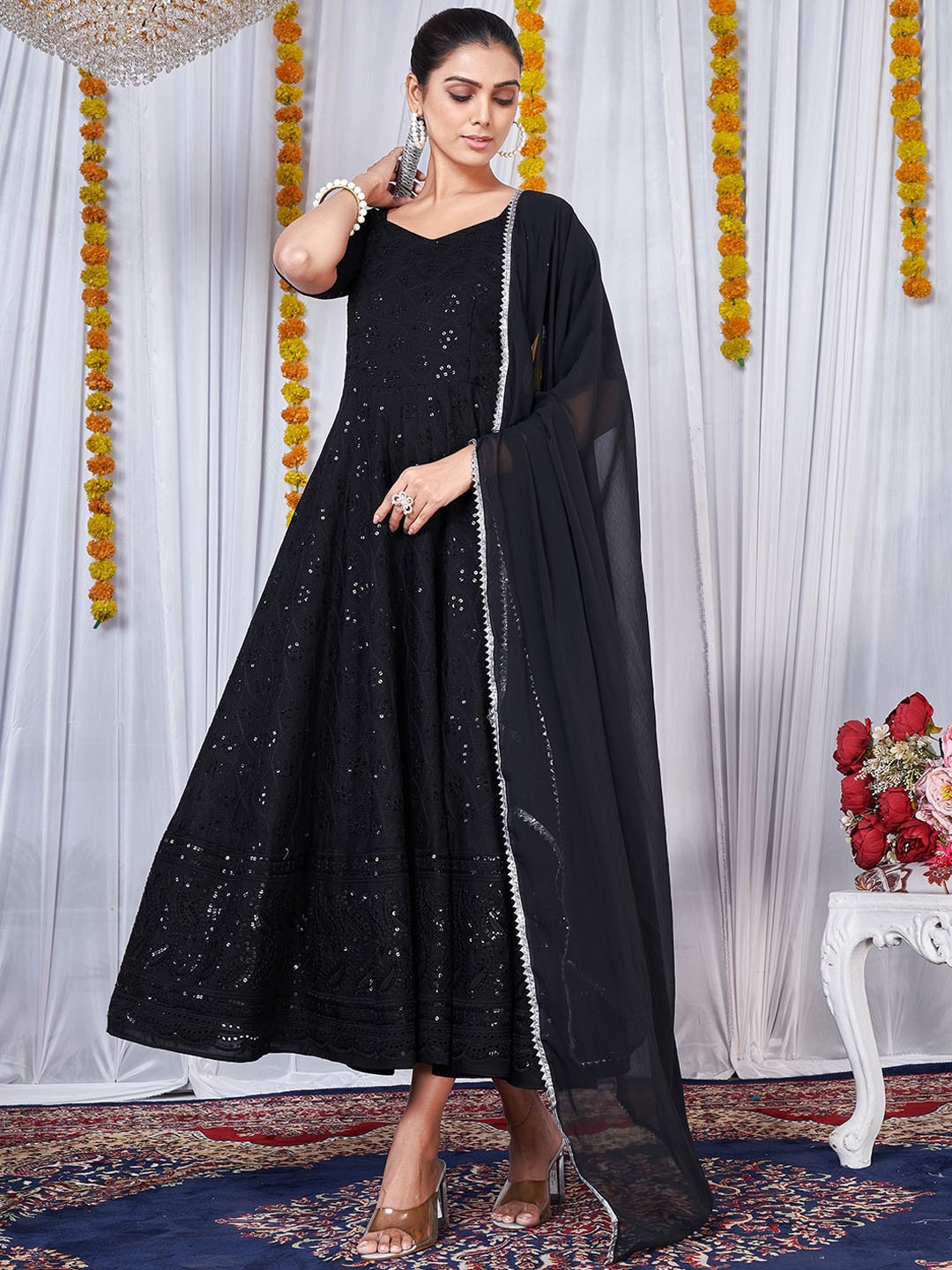 

KALINI Floral Embroidered Chikankari Flared Gown Ethnic Dress With Dupatta, Black