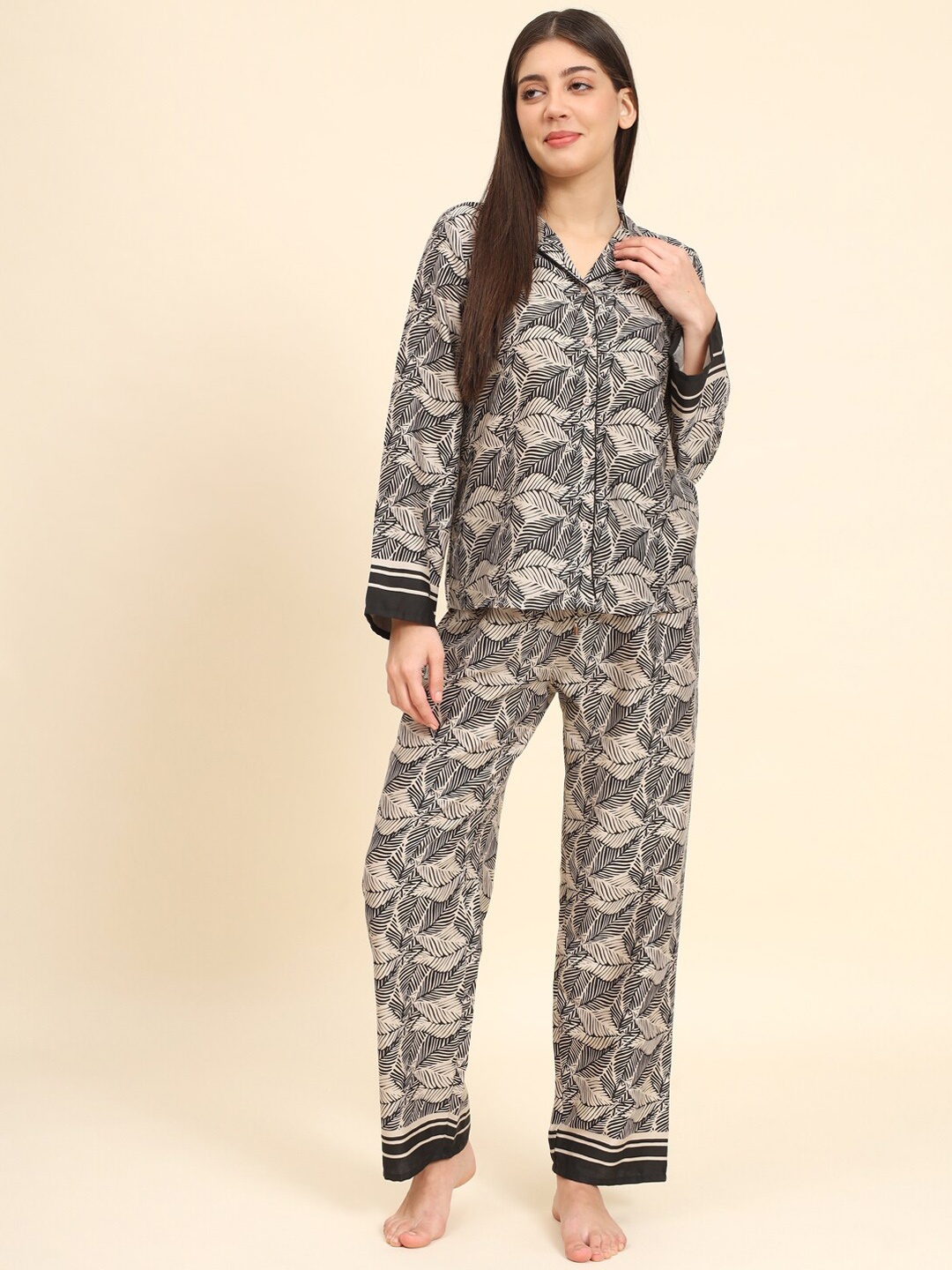 

HERE&NOW Floral Printed Pure Cotton Night suits, Black