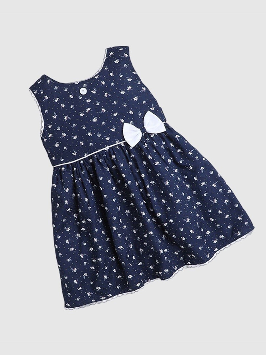 

The Magic Wand Girls Floral Printed Bow Cotton Fit & Flare Dress, Navy blue
