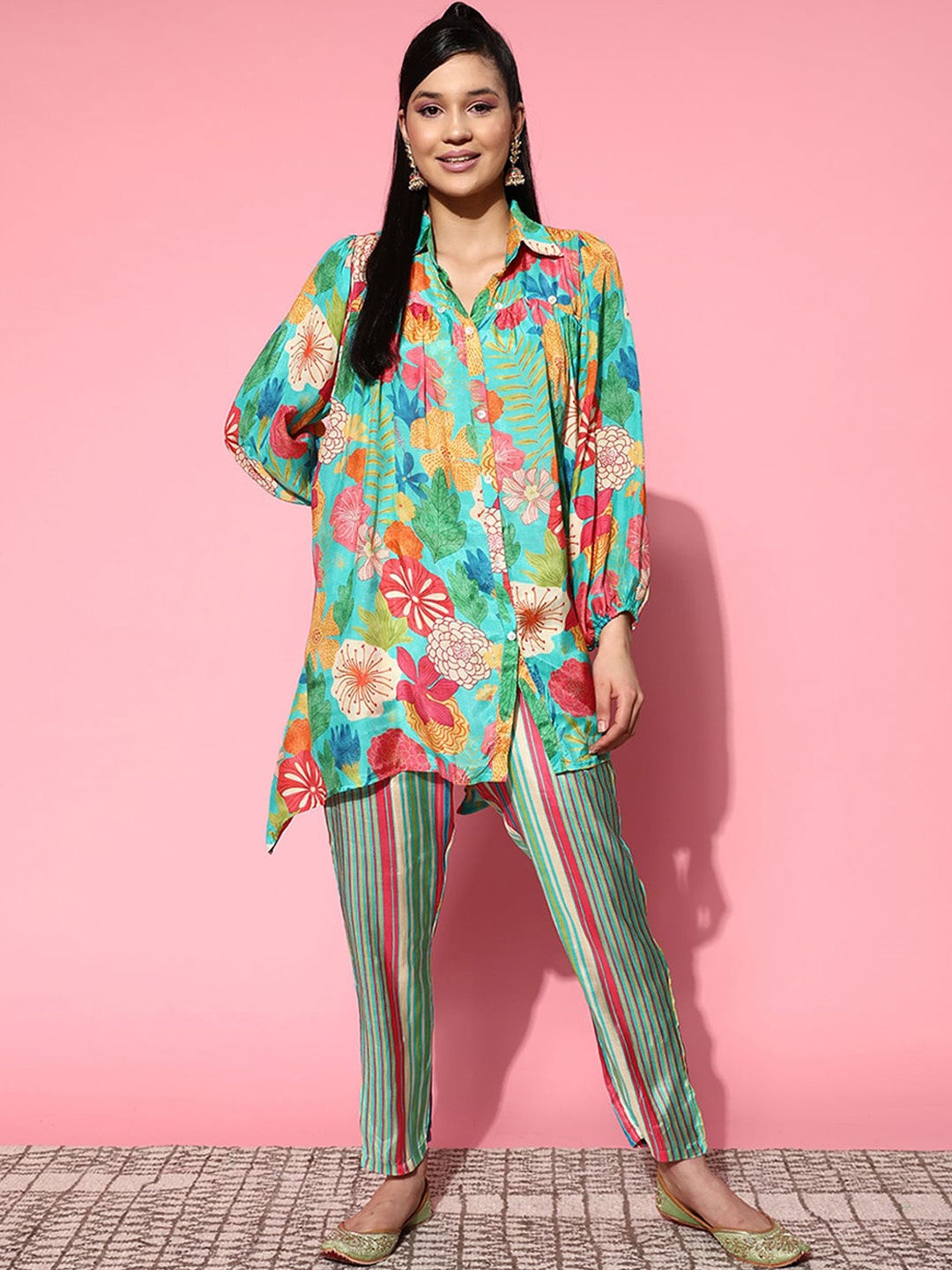 

ODETTE Women Printed Shirt With Trouser Co-Ords, Blue
