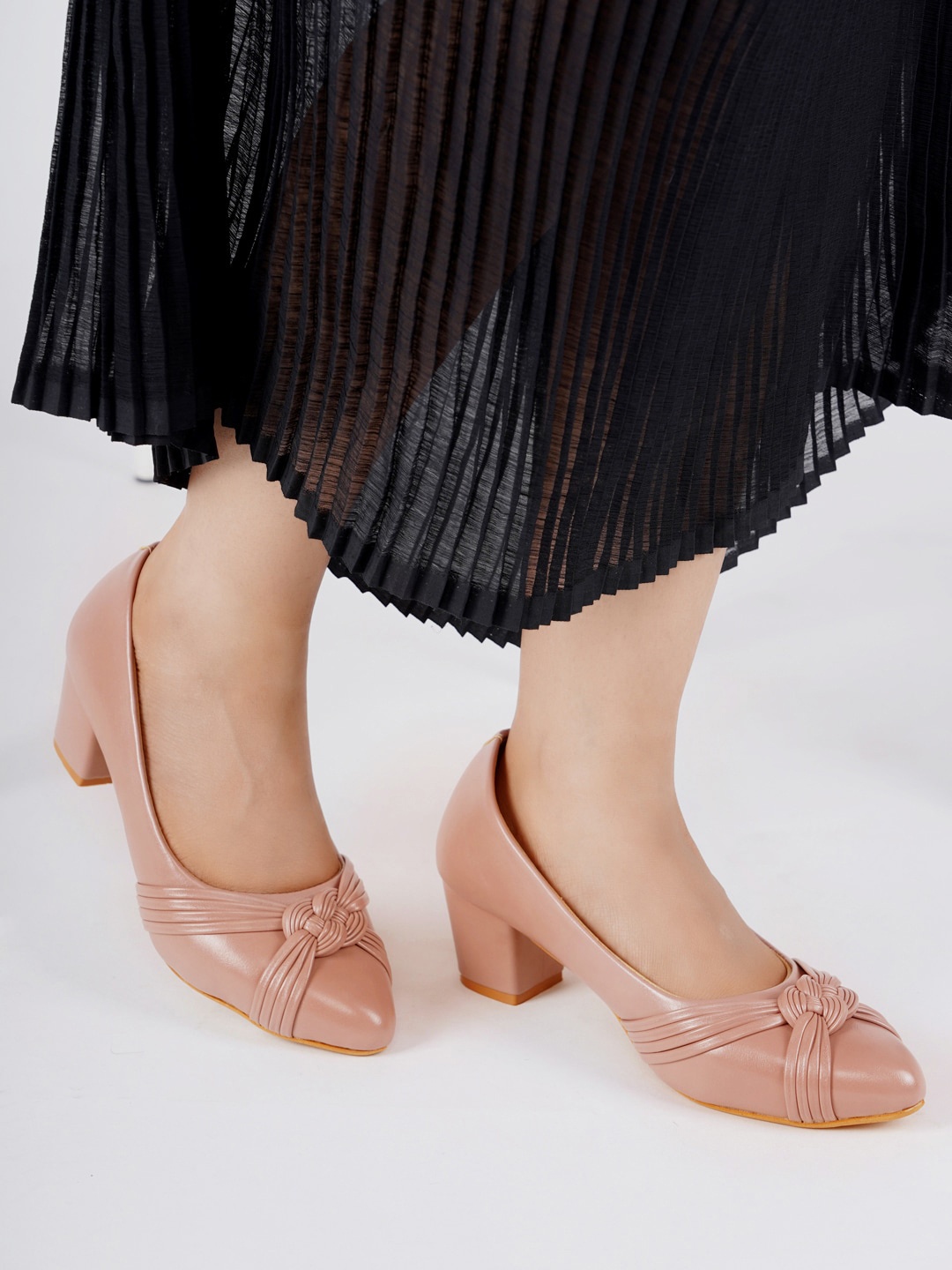 

ELLE Round Toe Block Heeled Pumps, Peach