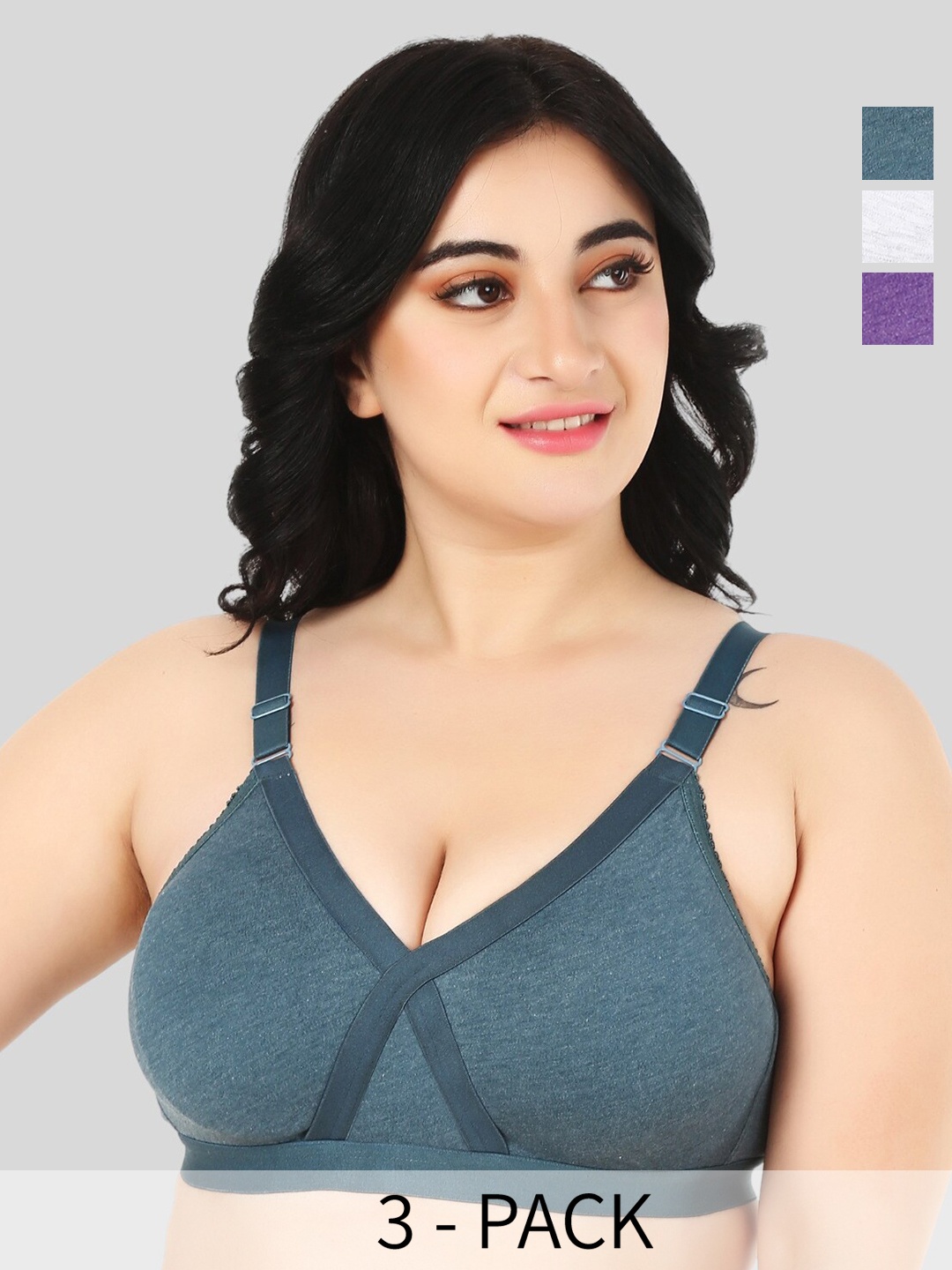 

FUNAHME Pack Of 3 Non-Padded Non-Wired Seamless Cotton T-Shirt Bra With All Day Comfort, Blue