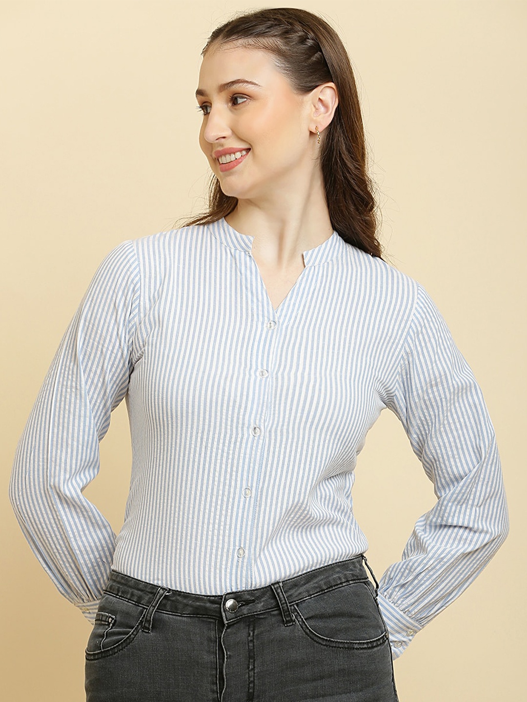 

HERE&NOW White and Blue Standard Verticle Striped Pure Cotton Shirt