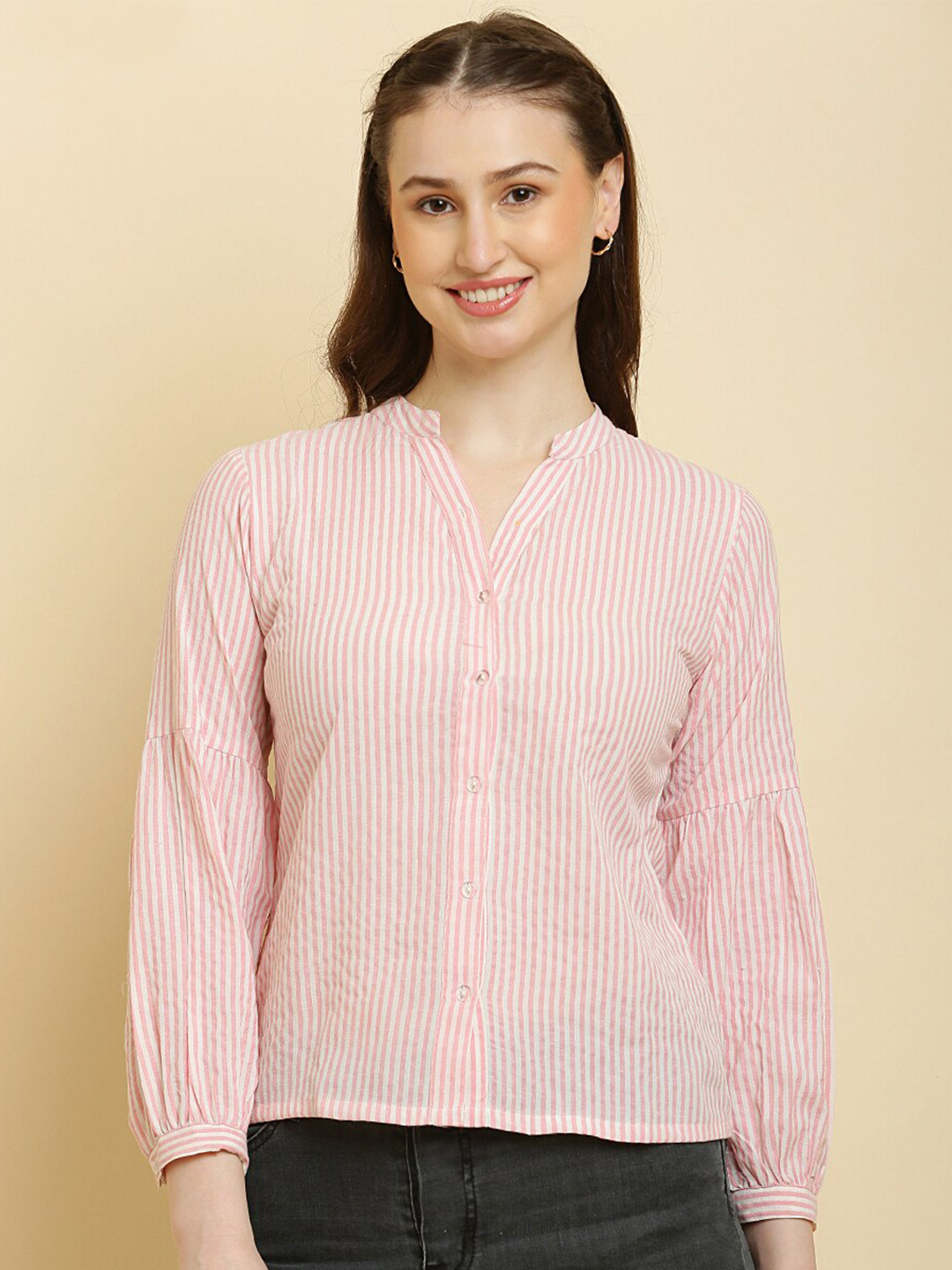 

HERE&NOW Standard Striped Mandarin Collar Pure Cotton Formal Shirt, Pink