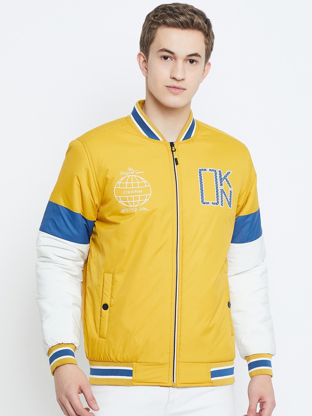 

Okane Colourblocked Stand Collar Lightweight Bomber Jacket, Mustard