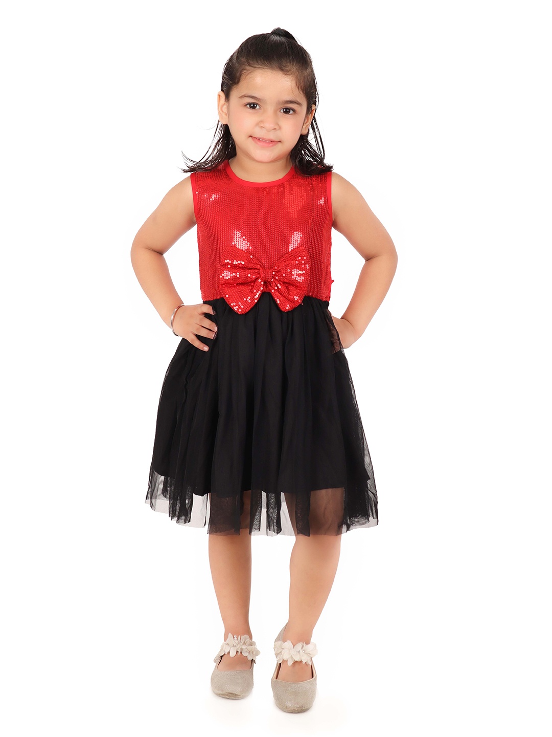 

R Cube Girls Embellished Sequined Net Fit & Flare Dress, Red