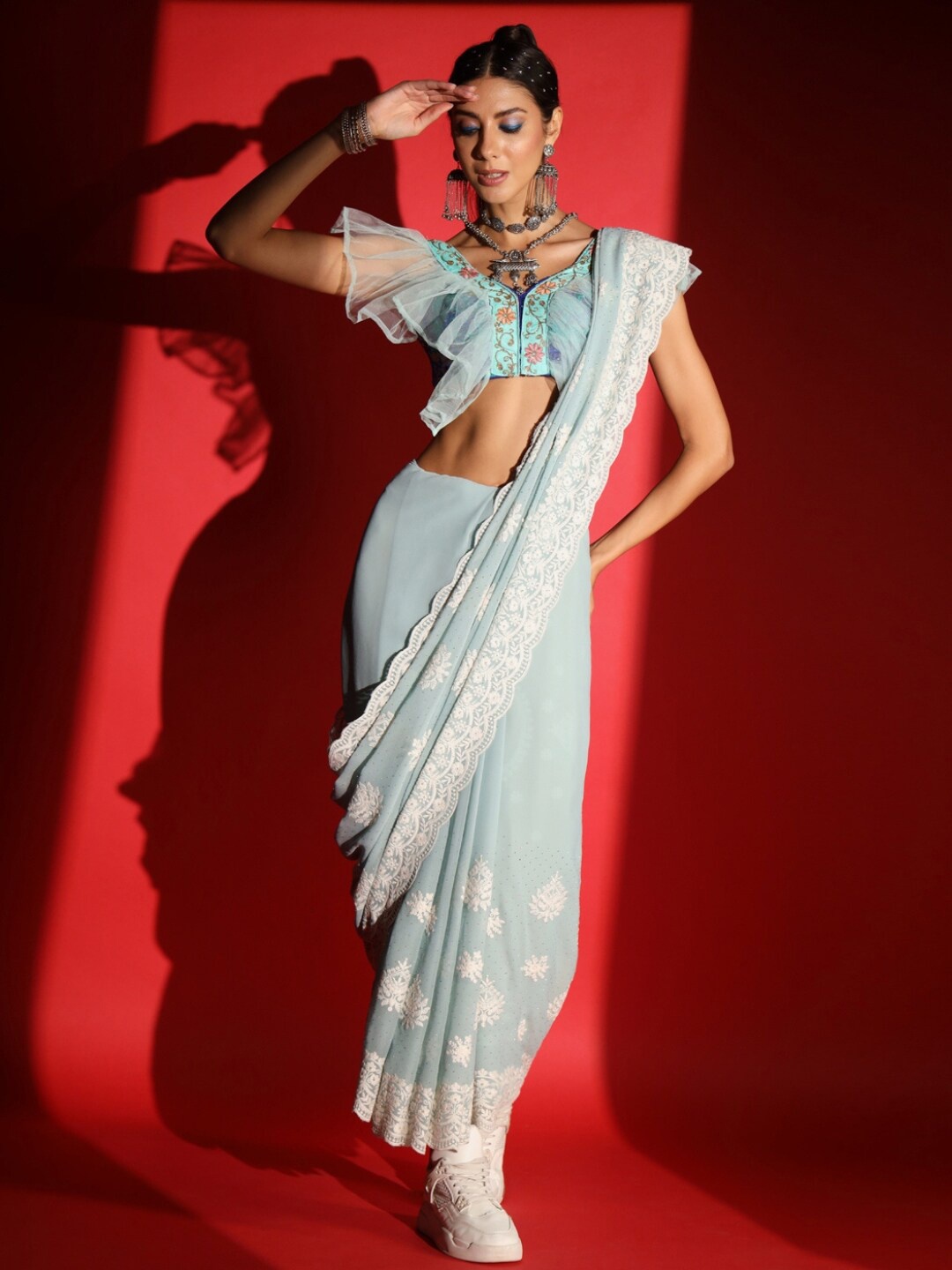 

Chhabra 555 Ethnic Motifs Embroidered Saree, Blue