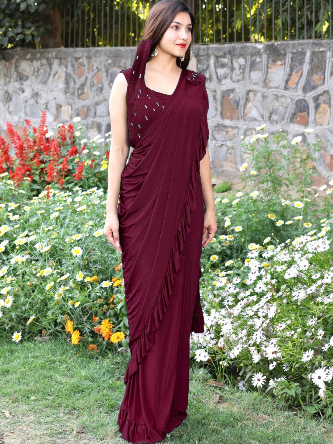 

Chhabra 555 Beads And Stones Ready to Wear Saree, Burgundy