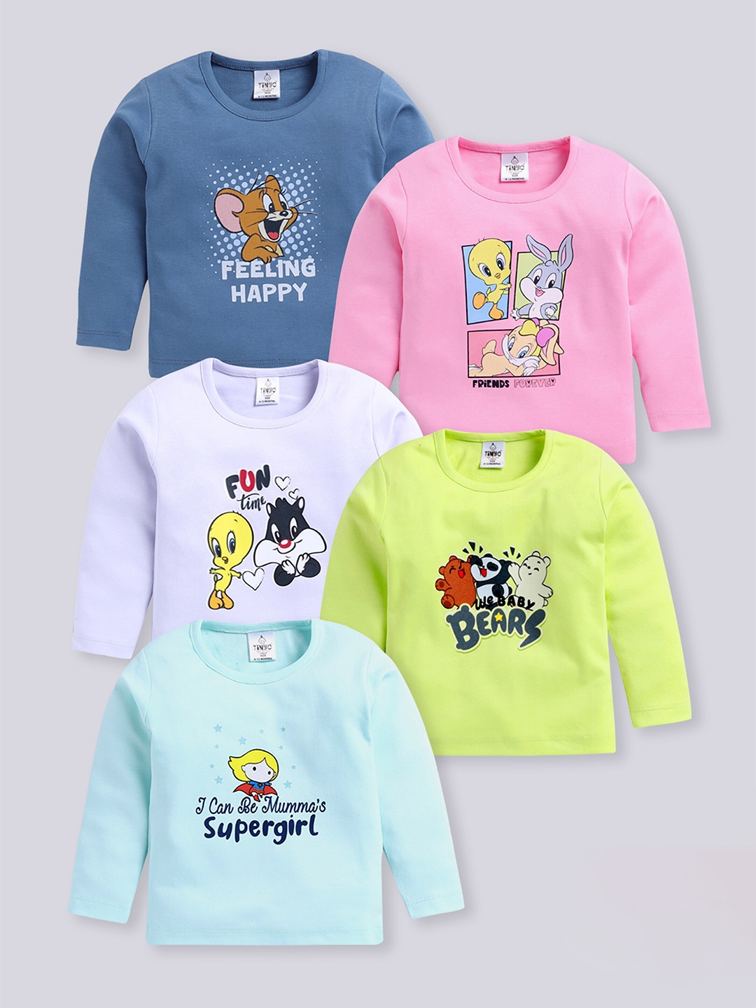 

Moms Love Infant Girls Pack Of 5 Assorted Supergirl Printed Cotton T-shirt