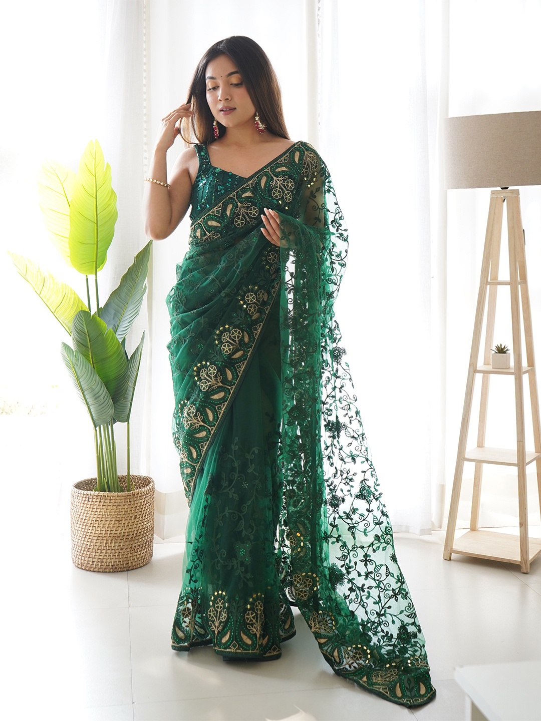 

Munir Embellished Aari Work Net Designer Saree, Green