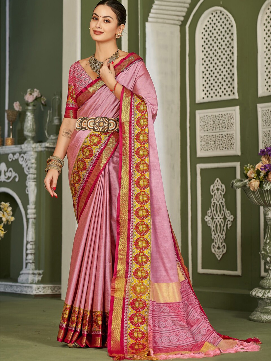 

WINKLECART Peach & Red Ethnic Woven Design Zardozi Pure Silk Designer Mysore Silk Saree