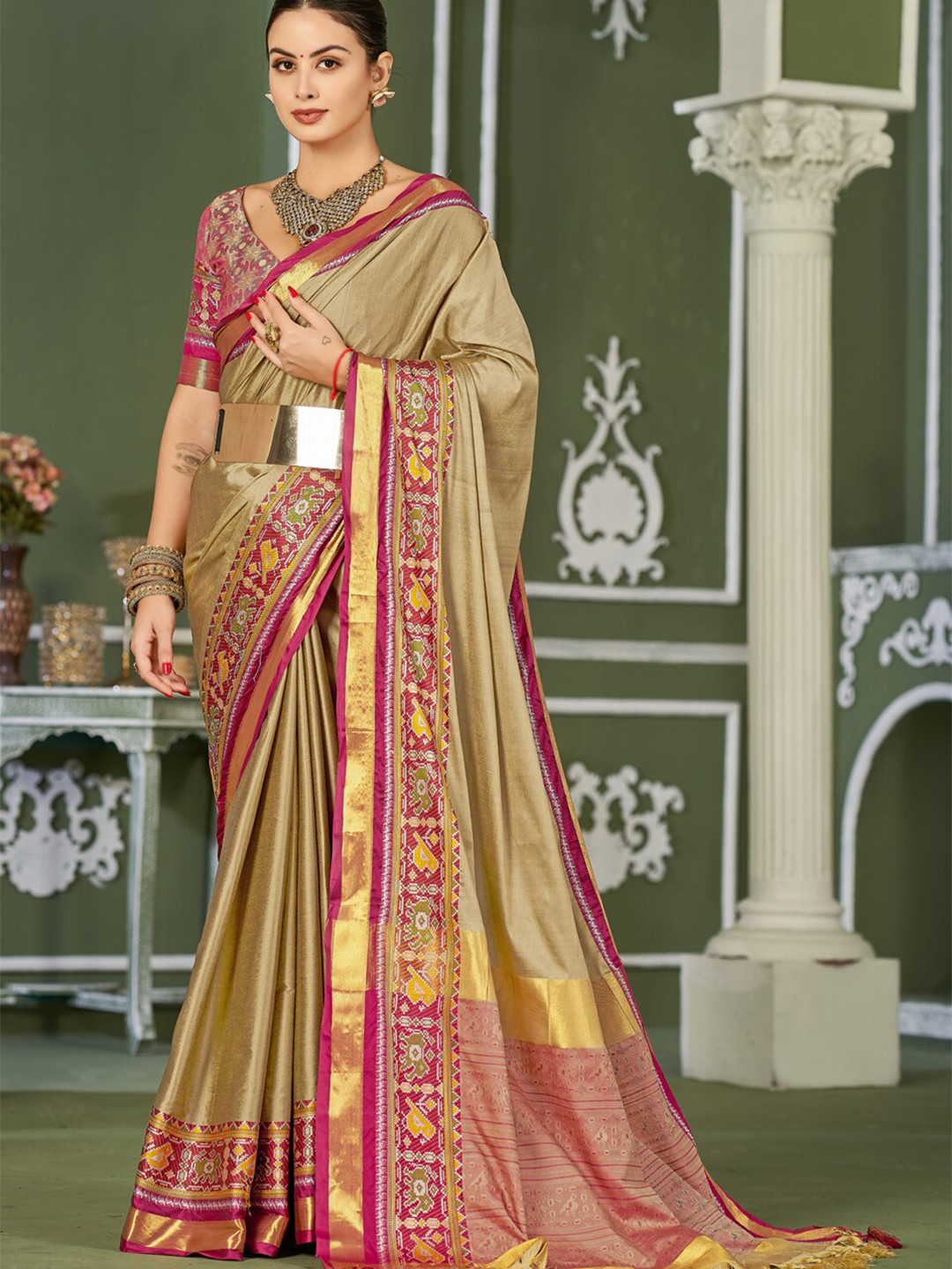 

WINKLECART Beige Ethnic Woven Design Zardozi Pure Designer Mysore Silk Saree